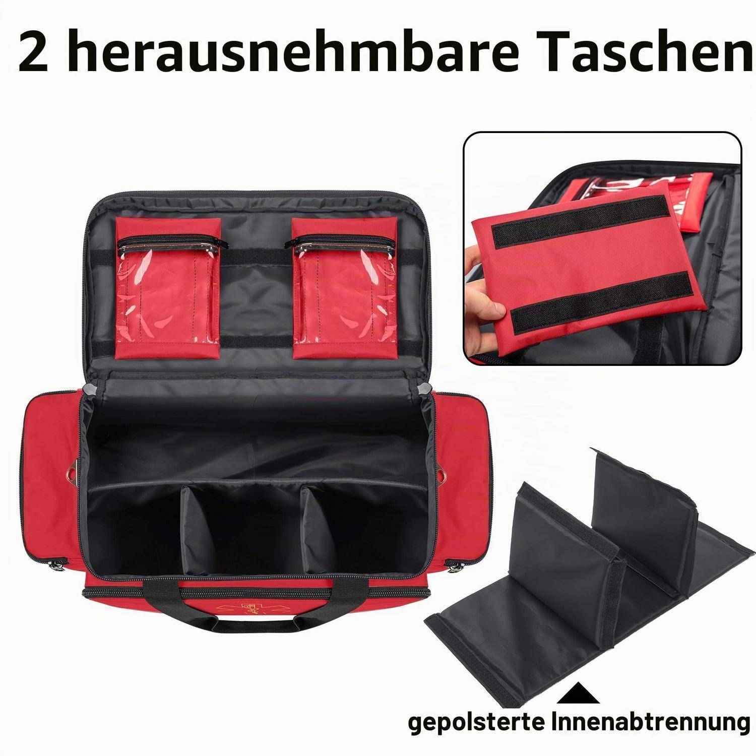 Offene schwarz-rote Organizertasche mit zwei herausnehmbaren Taschen, gepolstertem Innenfach und einer Nahaufnahme, die einen abnehmbaren Beutel zeigt; Deutscher Text sagt „2 herausnehmbare Taschen".