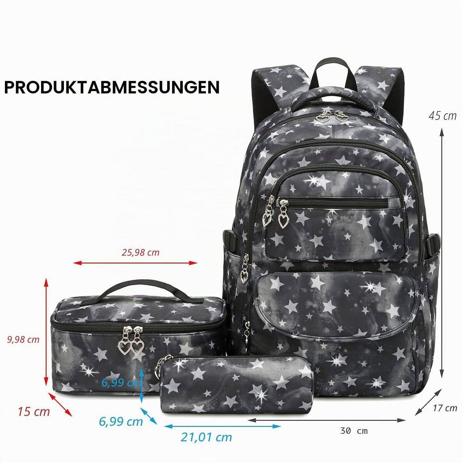 Produktabmessungen eines Rucksacks im Sternmuster-Set: Rucksack 45 cm hoch, Seitentasche 25,98 x 15 x 9,98 cm, Federmäppchen 21,01 x 6,99 cm; Rucksacktiefe 17 cm, Breite 30 cm.