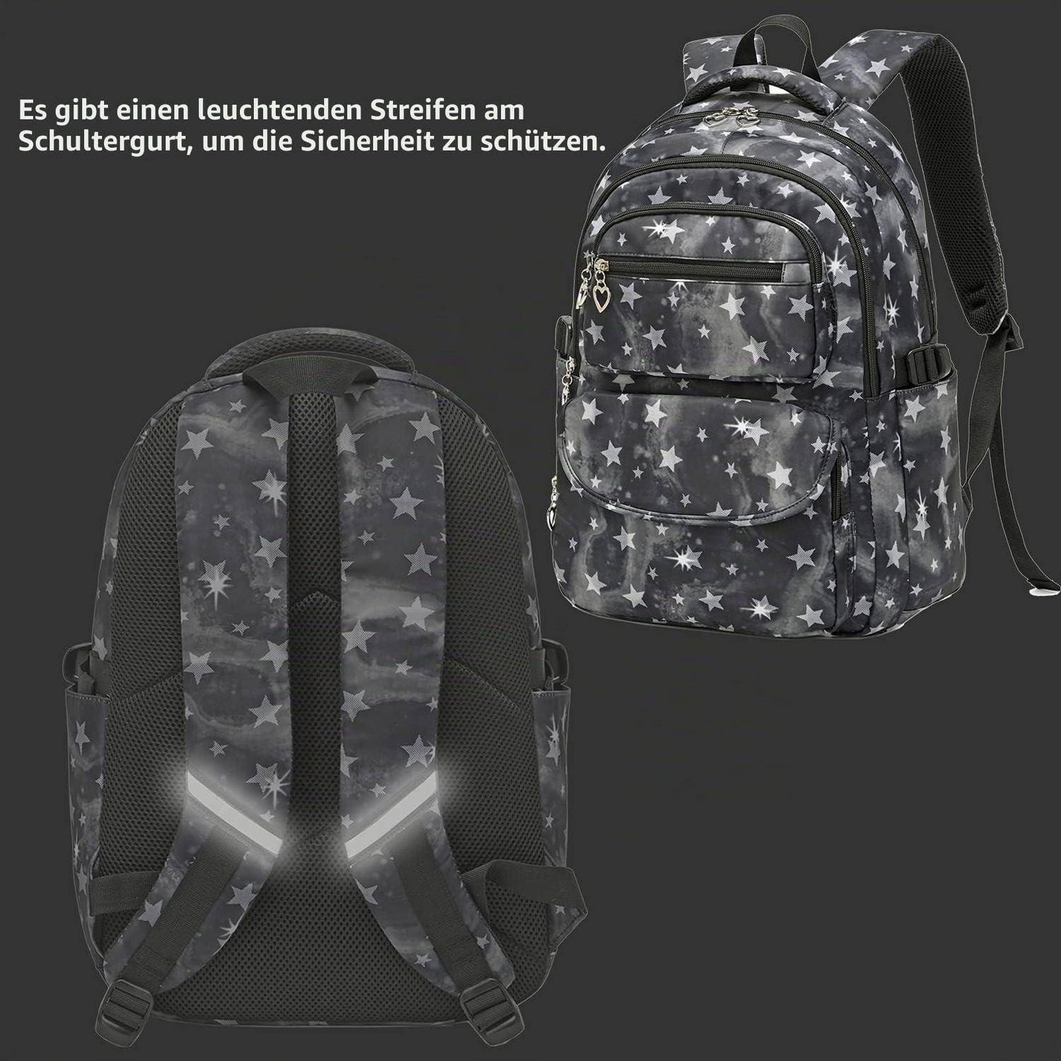 Sternenmuster-Rucksack von vorne und von hinten gezeigt, mit reflektierendem Streifen auf den Schultergurten für zusätzliche Sicherheit.