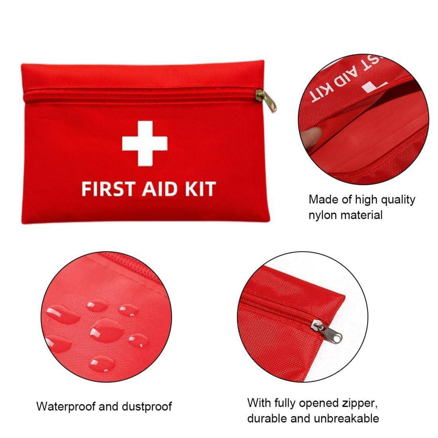 Rote Erste-Hilfe-Tasche mit weißem Kreuz und Text „FIRST AID KIT", mit Nahaufnahmen, die das Nylonmaterial, den wasserdichten Stoff und den langlebigen Reißverschluss hervorheben.