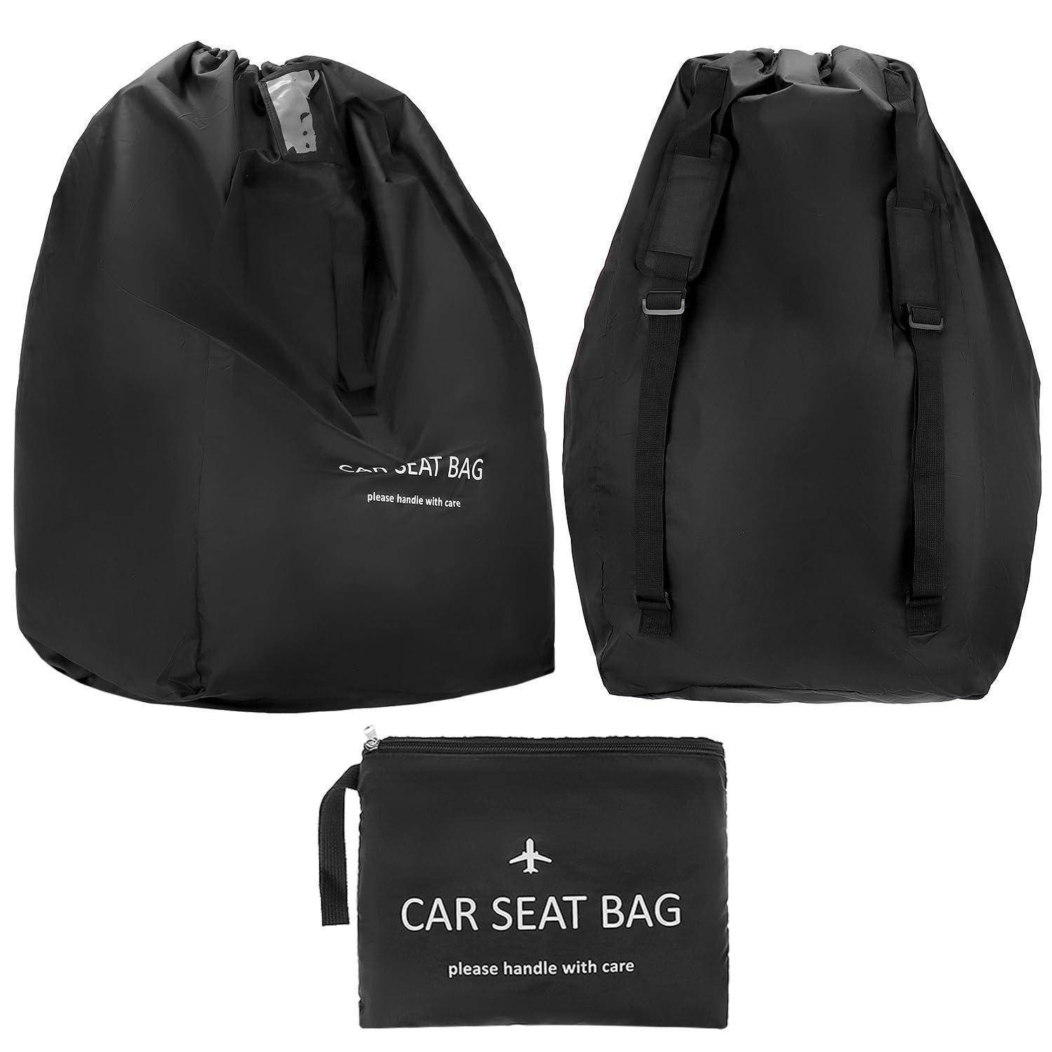 Schwarze Autositztasche, gezeigt in zusammengefalteter und entfalteter Form, mit Tragriff und Rucksack-Trägern, gekennzeichnet mit „CAR SEAT BAG" und „please handle with care"".