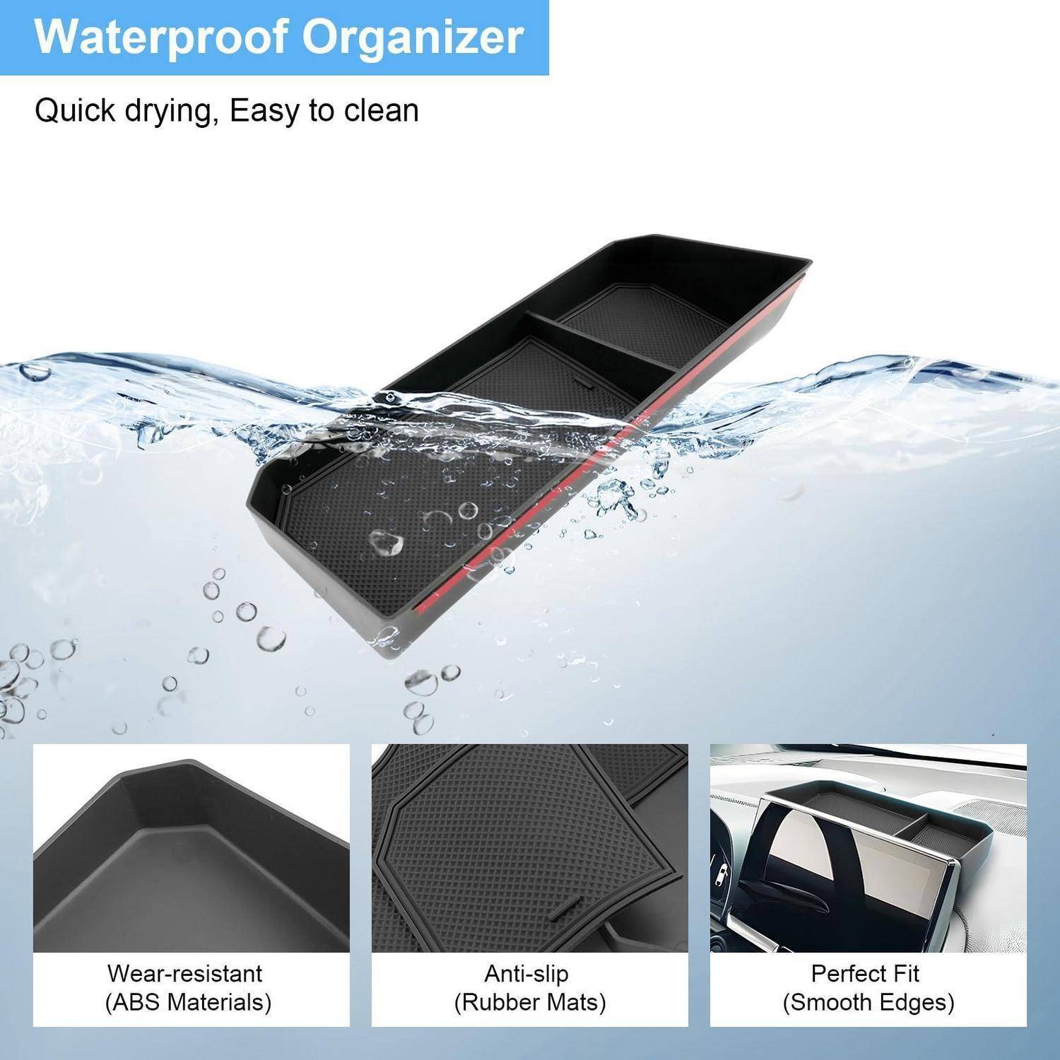 Werbeanzeige für ein wasserdichtes Auto-Organizer-Tablett, das im Wasser schwimmend dargestellt wird, mit Text: „Schnell trocknend, leicht zu reinigen