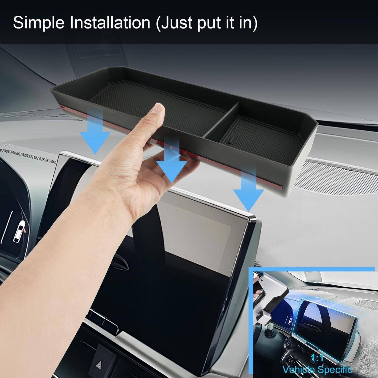 Hand legt einen Tablett-Organizer in den Bereich des Auto-Armaturenbretts unter dem Text „Einfache Installation (einfach einsetzen)