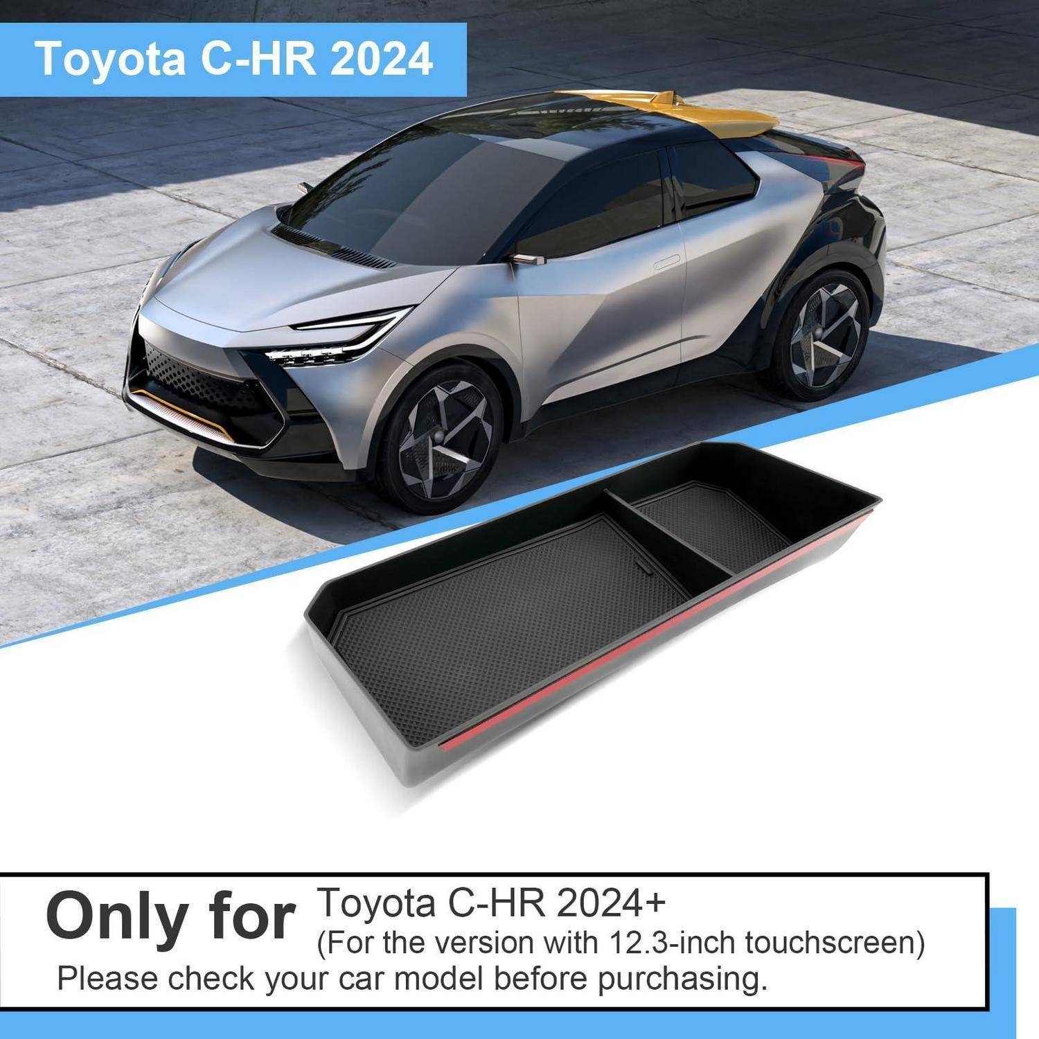Werbegrafik eines 2024 Toyota C-HR und eines kompatiblen Tablett-Organizers, beschriftet mit „Toyota C-HR 2024