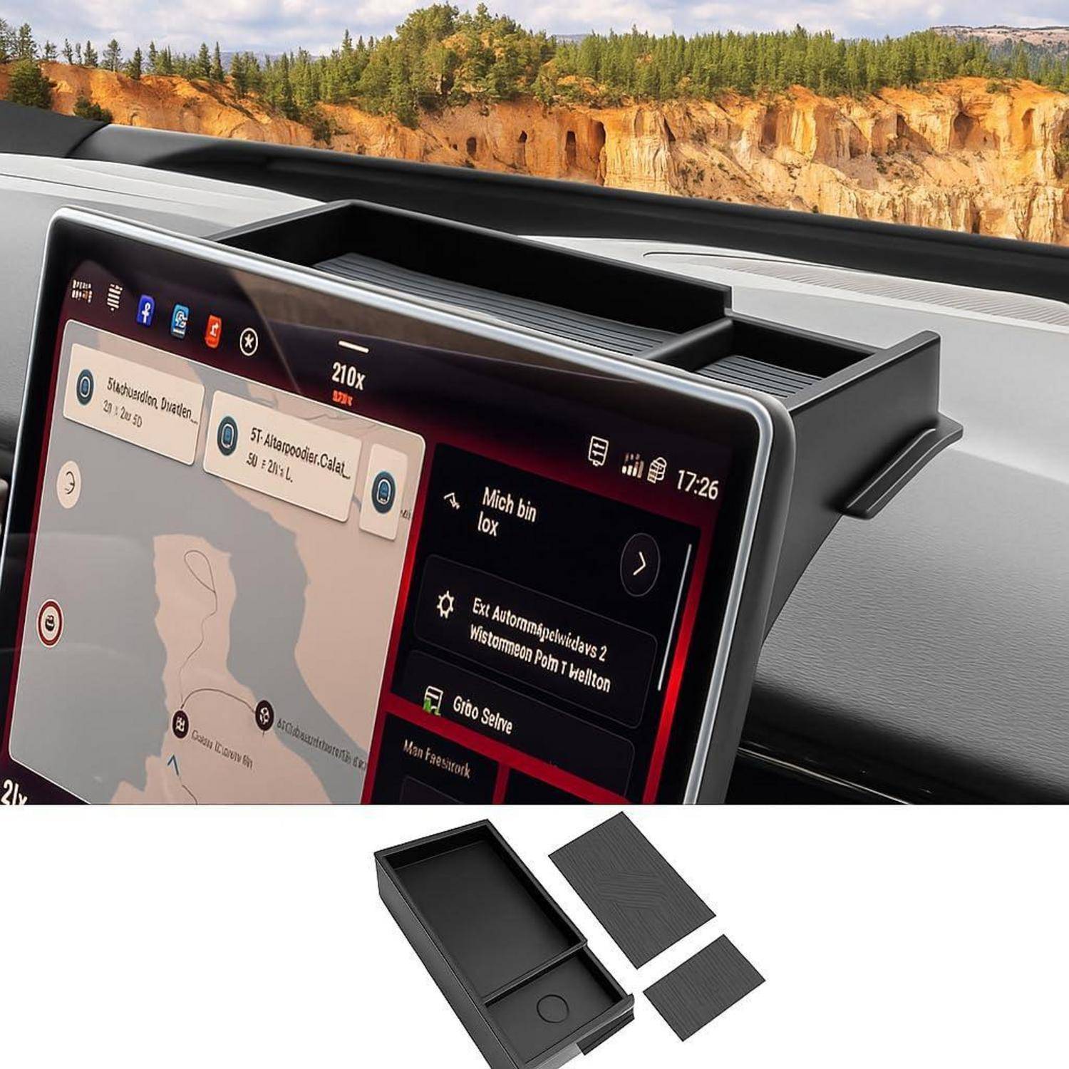 Automobil-Armaturenbrett-Touchscreen mit Navigation und Einstellungen, abgebildet zusammen mit einem schwarzen Aufbewahrungsfach und zwei Haftpolstern zum Befestigen oder Organisieren.