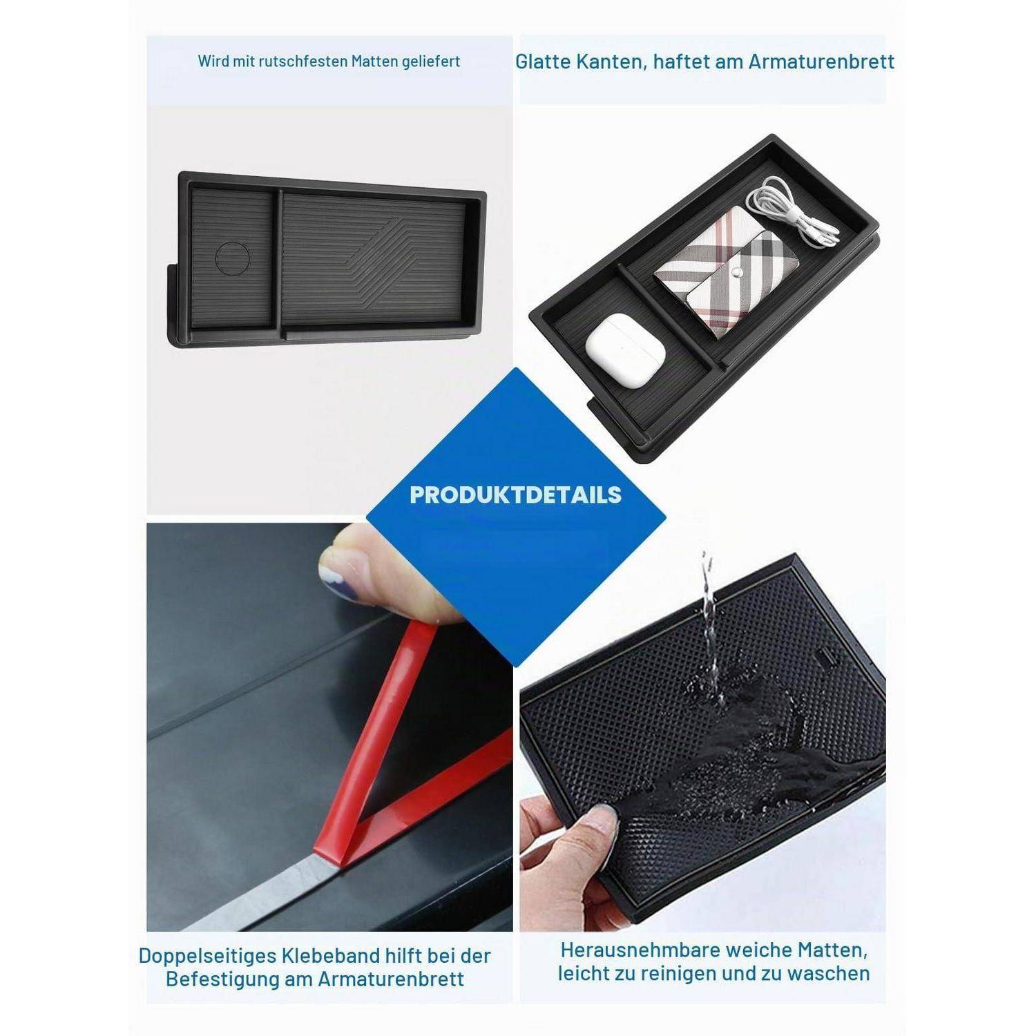Collage mit einem schwarzen Armaturenbrett-Organizer-Tablett mit abnehmbaren Matten, rutschfestem Rücken, glatten Kanten und benutzerfreundlichen Reinigungsfunktionen zur Aufbewahrung in der Autokonsole.