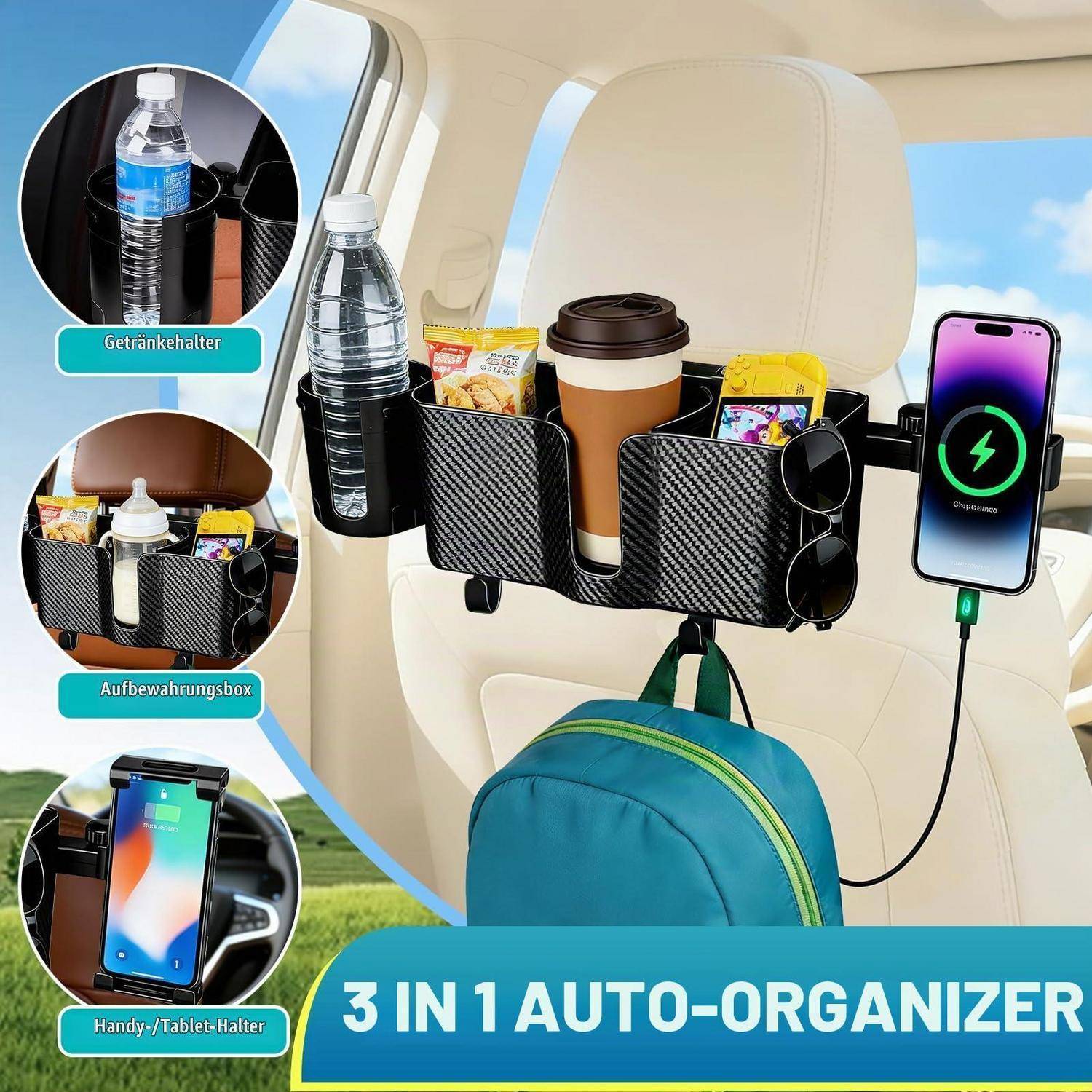 Auto-Organizer für Autositze mit Getränkehaltern, Aufbewahrungsfächern und Handyladegerät-Halter; Anzeigentext sagt „3-IN-1-AUTO-ORGANIZER