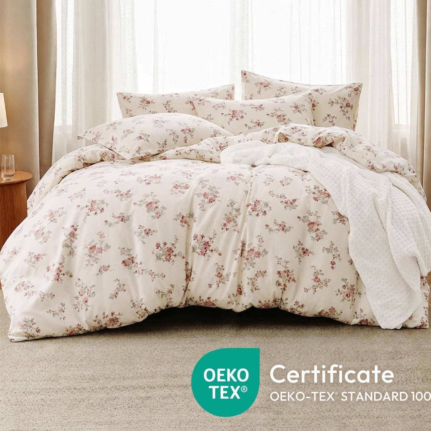 Garnitur aus Blumenbettwäsche auf einem ordentlich gemachten Bett in einem hellen Schlafzimmer, mit Oeko-Tex-Zertifikatlogo und Text am unteren Rand.
