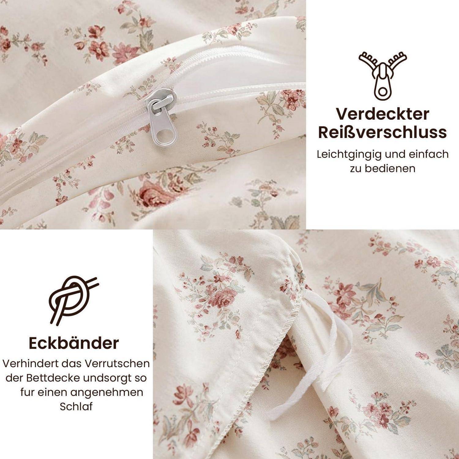 Blumiges Bettdeckenbezug mit verborgenem Reißverschluss und Eckbändern; Deutsche Etiketten weisen auf einfache Bedienung hin und verhindern, dass die Bettdecke verrutscht.