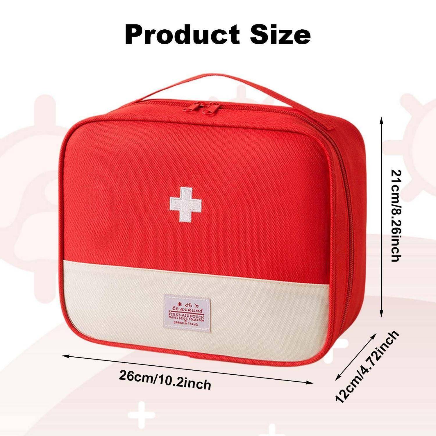 Produktgrößenbild einer rot-weiß gestreiften Erste-Hilfe-Tasche, gekennzeichnet mit 26 cm Breite, 21 cm Höhe und 12 cm Tiefe.