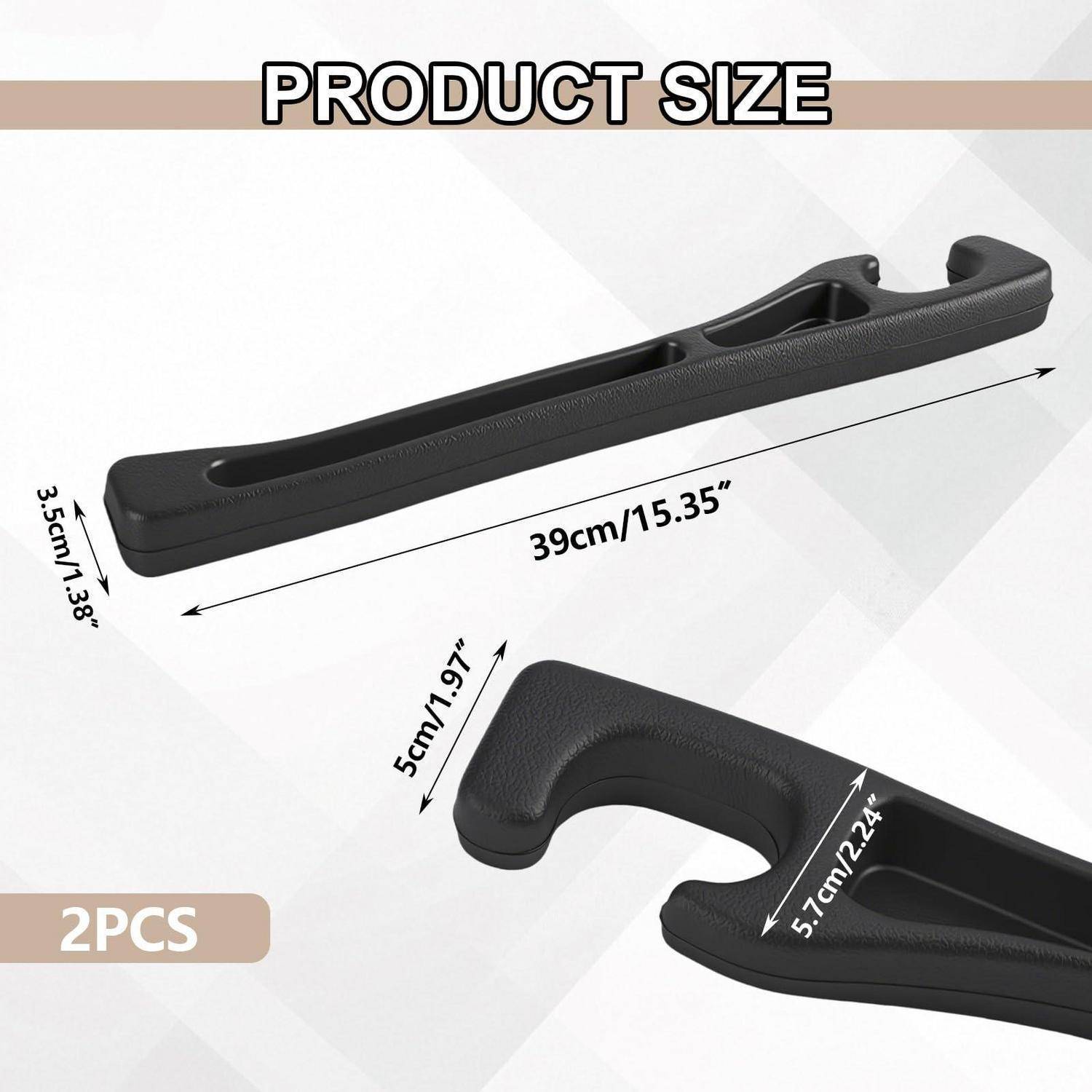 Produktgrößendiagramm für einen schwarzen 2-teiligen Griff: langes Stück ist 39 cm lang und 3,5 cm breit; gekrümmtes Stück ist 5 cm mal 5,7 cm.