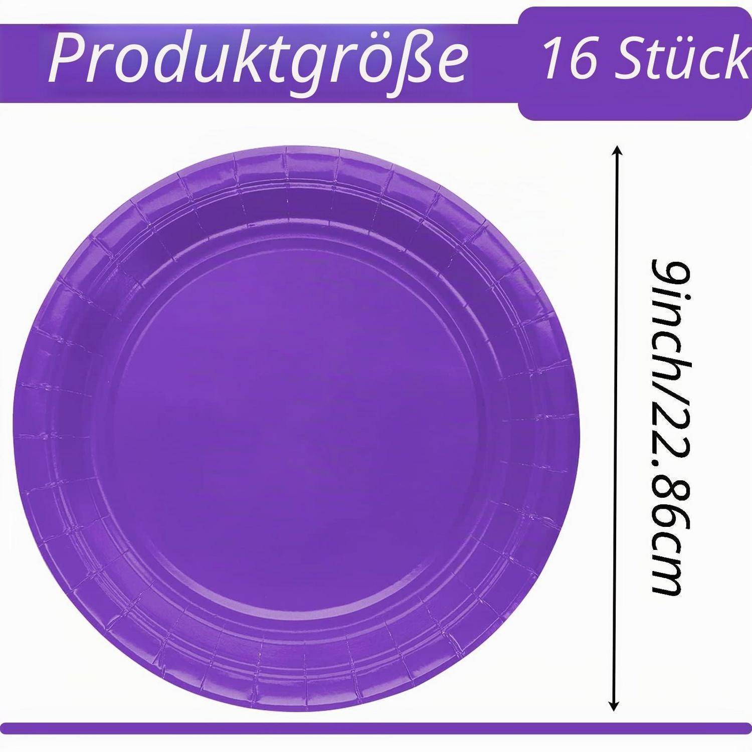 Lila Pappteller mit der Beschriftung "Produktgröße"" und ""16 Stück"", gezeigt mit einem Durchmesser von 9 Zoll/22,86 cm.