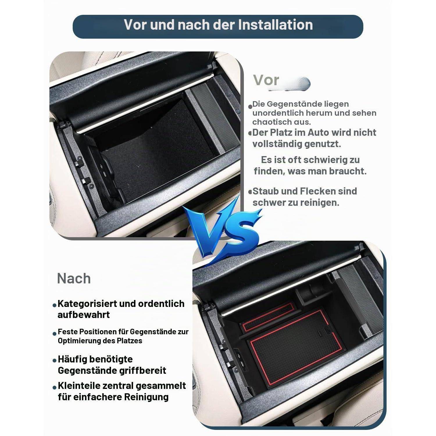 Vor-und-Nachher-Vergleich einer Installationsanleitung für einen Autokonsolen-Organizer: "Vorher"" zeigt einen ungeordneten, schwer zu reinigenden Lagerbereich; ""Nachher"" zeigt ein ordentliches, kategorisiertes Fach mit eingepassten Behältern.