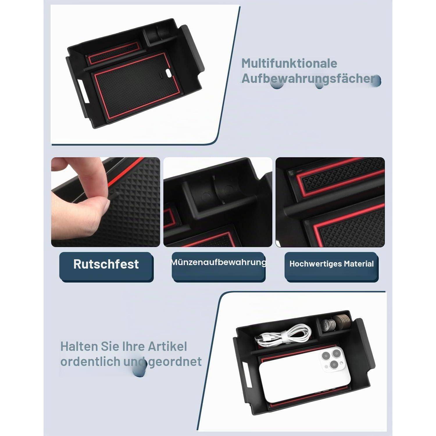 # Infografik für ein multifunktionales Aufbewahrungstablett für die Autokonsole, mit rutschfestem Material, Münzaufbewahrung und Telefon-/Ladekabelorganizer.