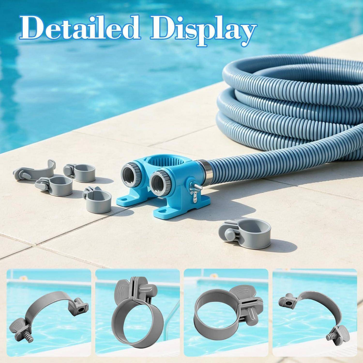 Blauer Poolreinigungsschlauch mit Verbindungsstücken neben einem Pool, plus vier Nahaufnahmen, die verschiedene Klemmteile und Verbindungsstücke zeigen.