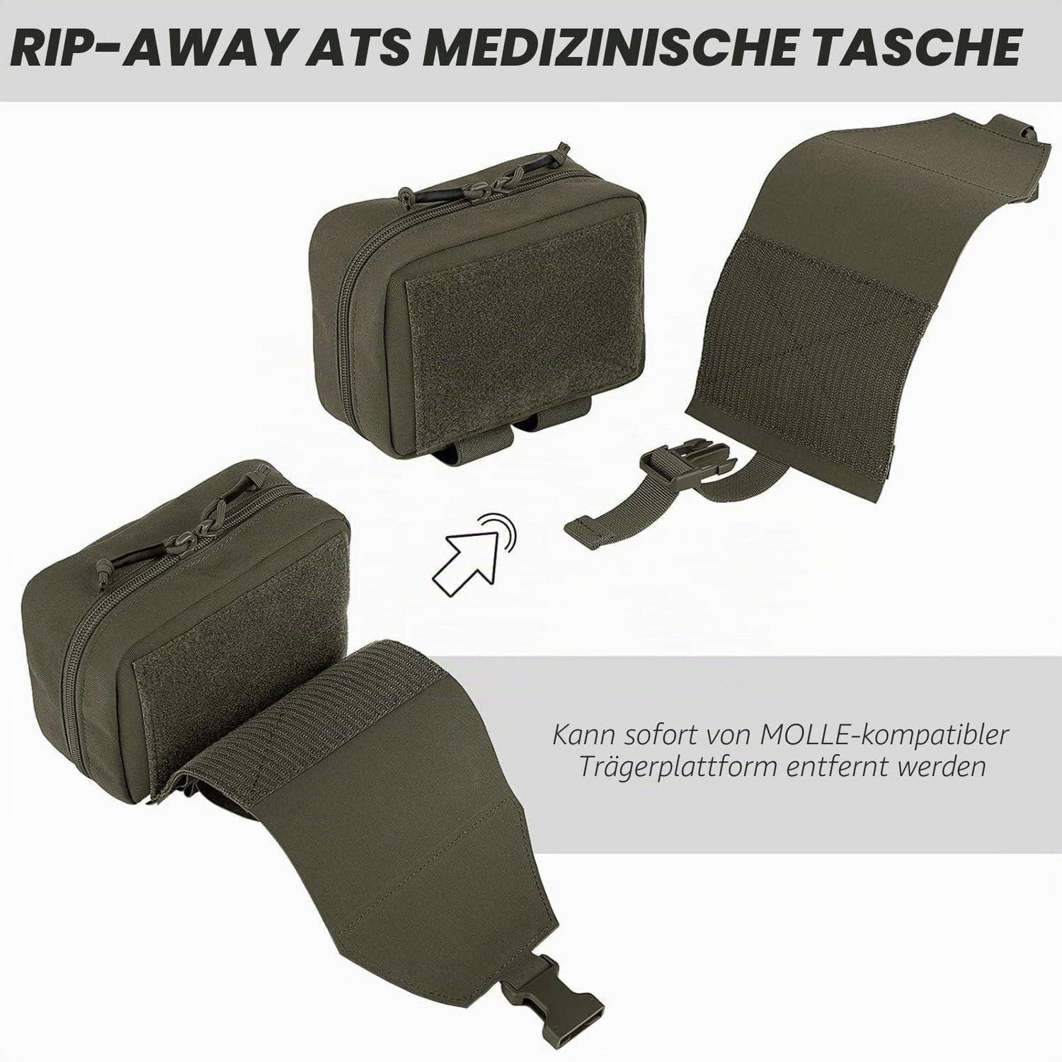 Olivgrüne Reiß-Weg-Medizintasche, abgelöst von einer MOLLE-kompatiblen Trägerbasis dargestellt, mit deutscher Beschriftung, die schnelle Entfernung anzeigt.