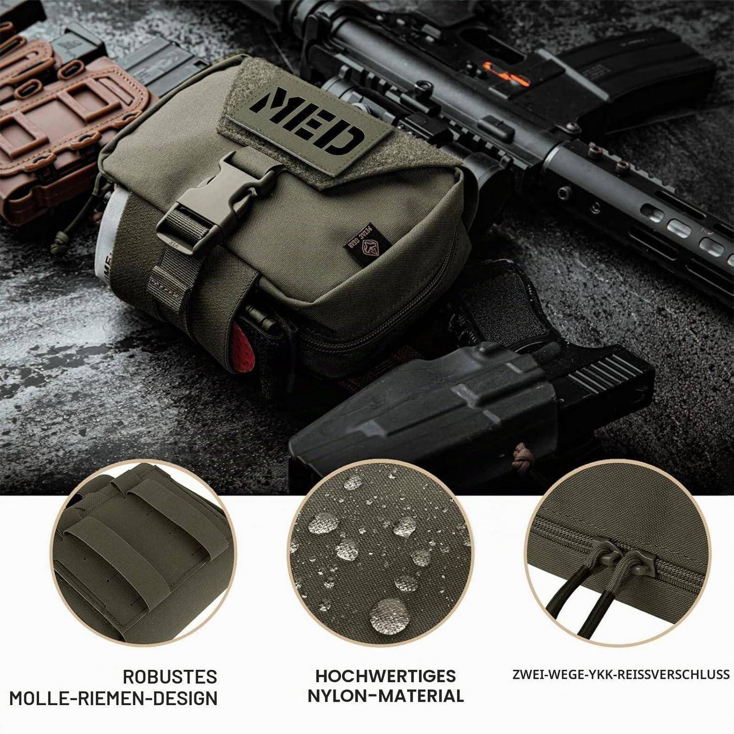 Taktische olivfarbene Ausrüstungstasche mit MOLLE-Riemen neben einer Feuerwaffe, plus drei Detailaufnahmen, die das gepolsterte Design, das wasserresistente Nylon und einen zweirichtungs-YKK-Reißverschluss zeigen.