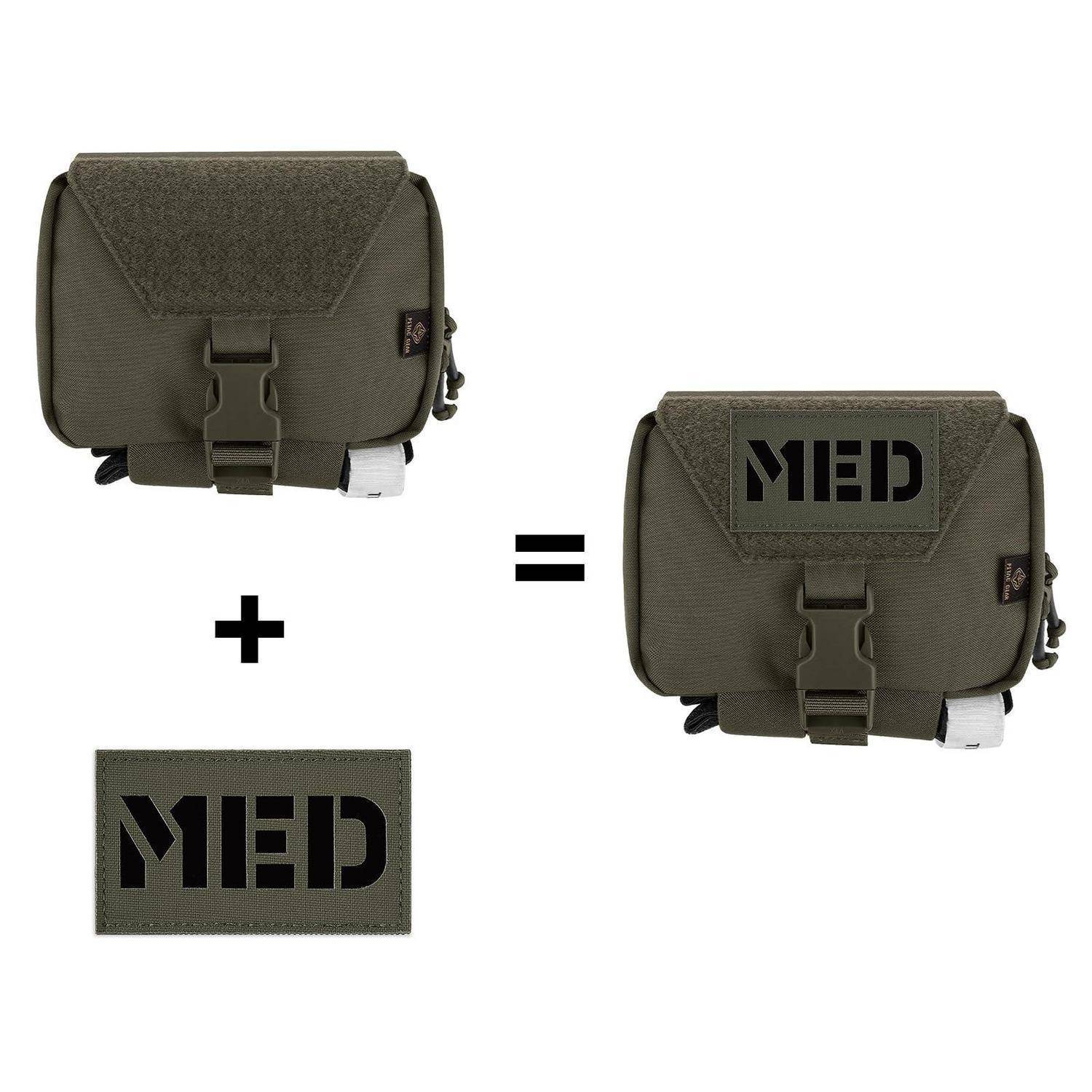Olive-Medizintasche plus „MED"-Patch ergibt eine Tasche mit der Bezeichnung „MED"