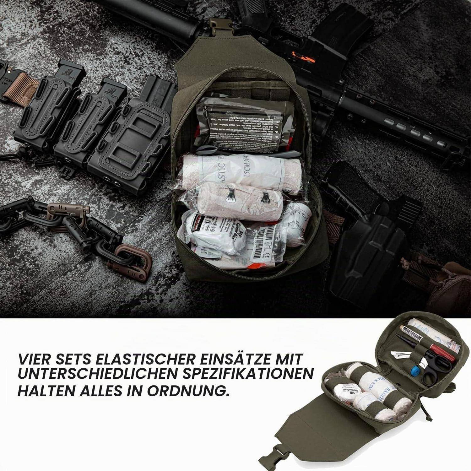 Taktische medizinische Tasche mit vier elastischen Einsatzsätzen und verschiedenen Erste-Hilfe-Materialien, gezeigt mit Waffen und Holstern; deutscher Text besagt „Vier Sätze elastischer Einsätze mit unterschiedlichen Spezifikationen halten alles organisiert."