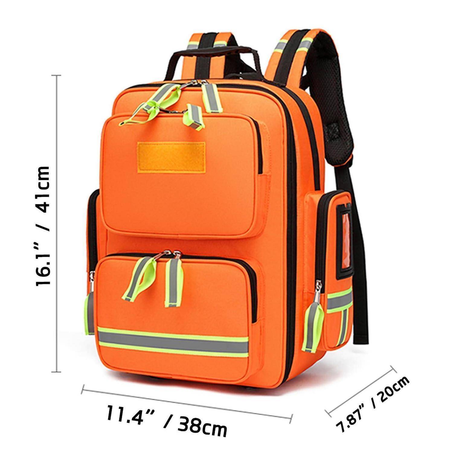 Oranger Rucksack mit reflektierendem Besatz, gezeigt mit Abmessungen von 41 cm Höhe, 38 cm Breite und 20 cm Tiefe.