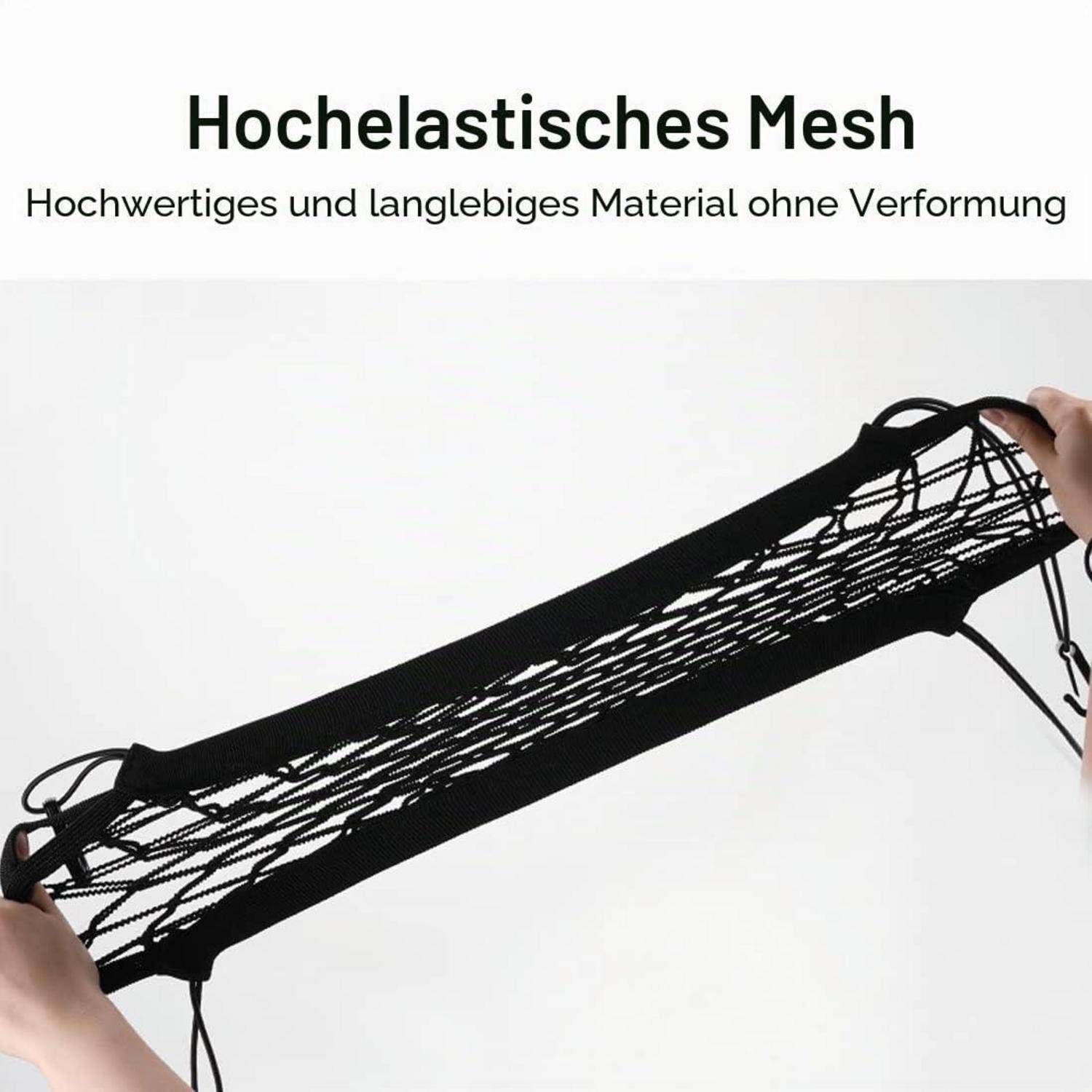 Deutsches Produktbild eines schwarzen elastischen Netzes, das zwischen zwei Händen gespannt ist, mit der Beschriftung „Hochelastisches Mesh" und „Hochwertiges und langlebiges Material ohne Verformung"".