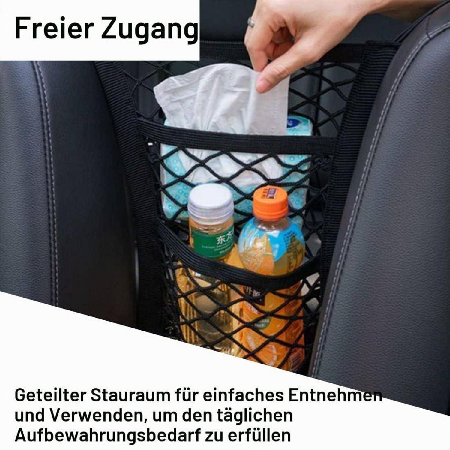Autositz-Rückseiten-Organizer mit einer Netztasche, die Tücher und Getränke hält; deutscher Text sagt „Freier Zugang" und beschreibt gemeinsamen Speicherplatz für einfachen Zugriff und tägliche Verwendung.