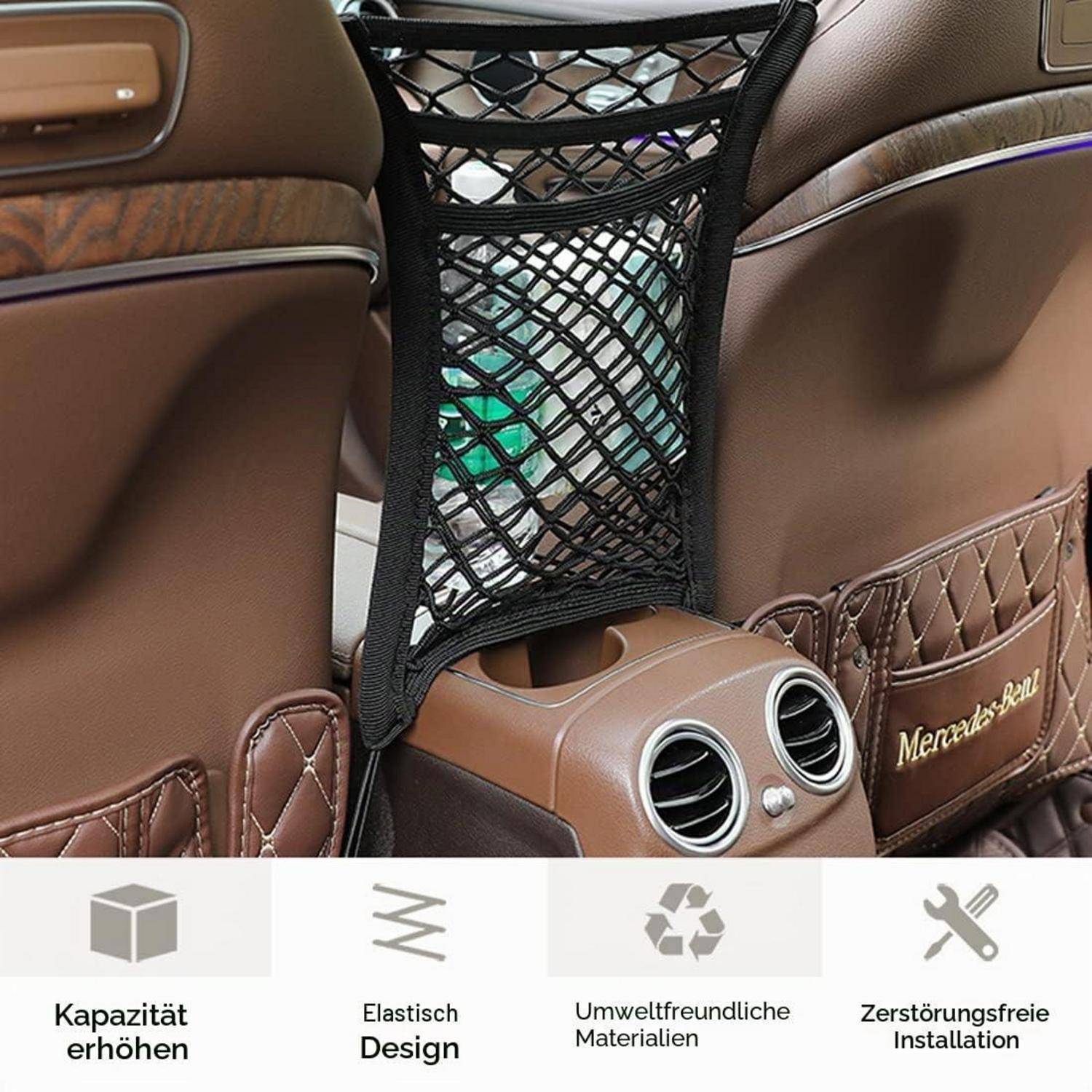 Autositzrückenorganizer mit schwarzer Netztasche auf braunen Ledersitzen; untere Symbole heben erhöhte Kapazität, elastisches Design, umweltfreundliche Materialien und beschädigungsfreie Installation hervor.