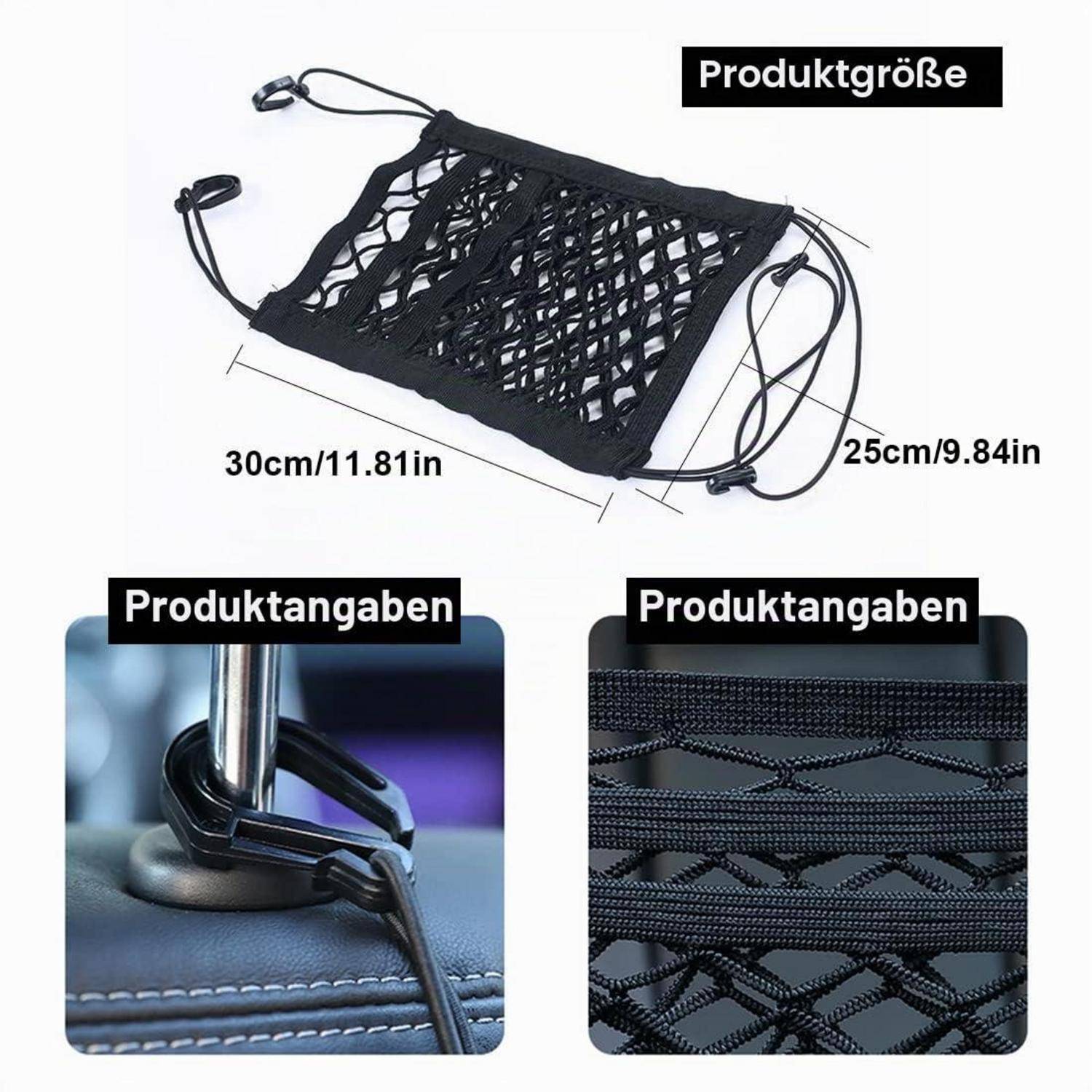 Schwarzes Maschenautolastnetz mit Kordelzugleisten, gezeigt mit Abmessungen von 30 cm x 25 cm und Nahaufnahmen des Befestigungssystems und der Maschenstruktur.