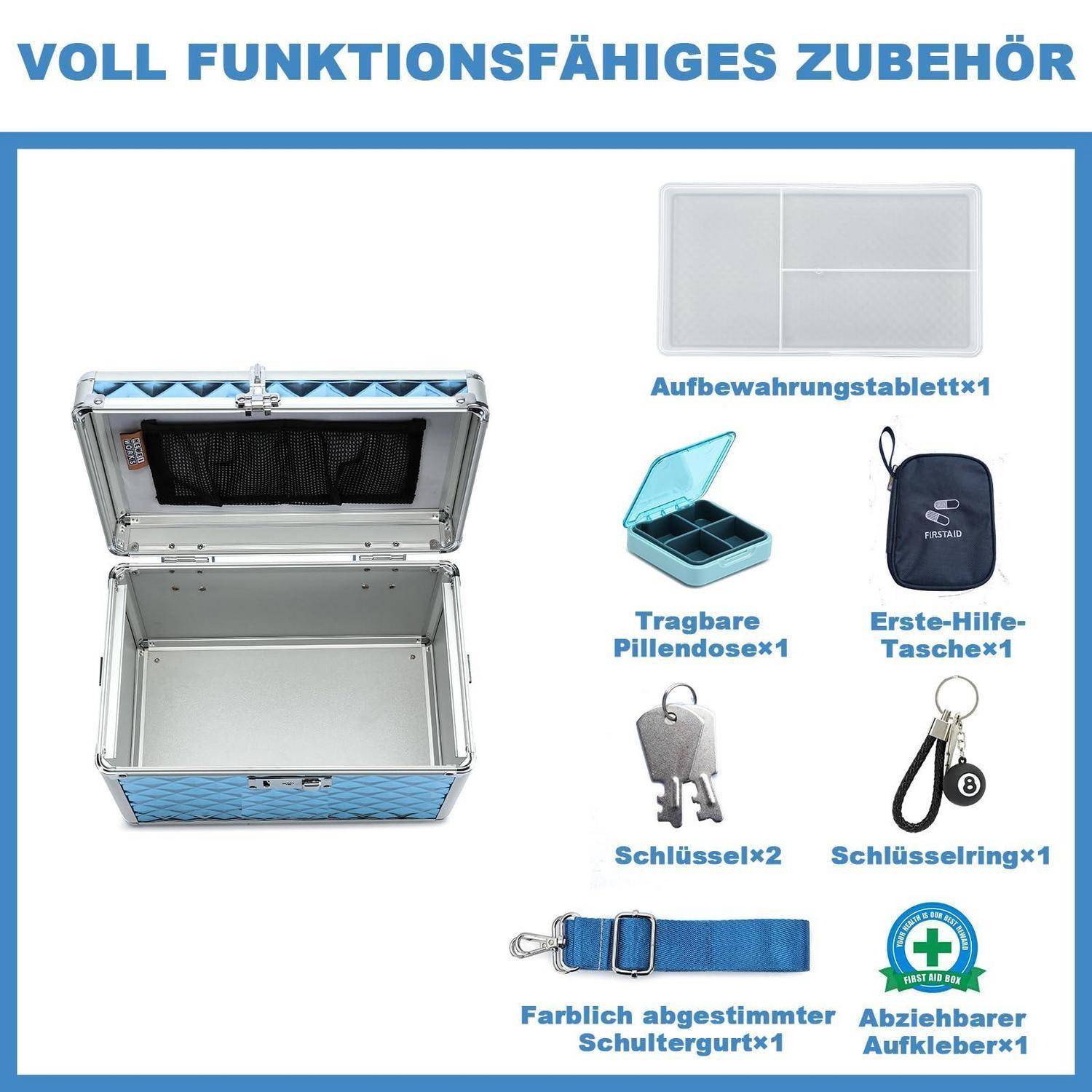 Abbildung der im Lieferumfang enthaltenen Zubehörteile für einen silbernen kofferartigen Behälter: Aufbewahrungsfach, Pillendose, Erste-Hilfe-Beutel, 2 Schlüssel, Schlüsselring, Schultergurt und ein abnehmbarer Aufkleber.