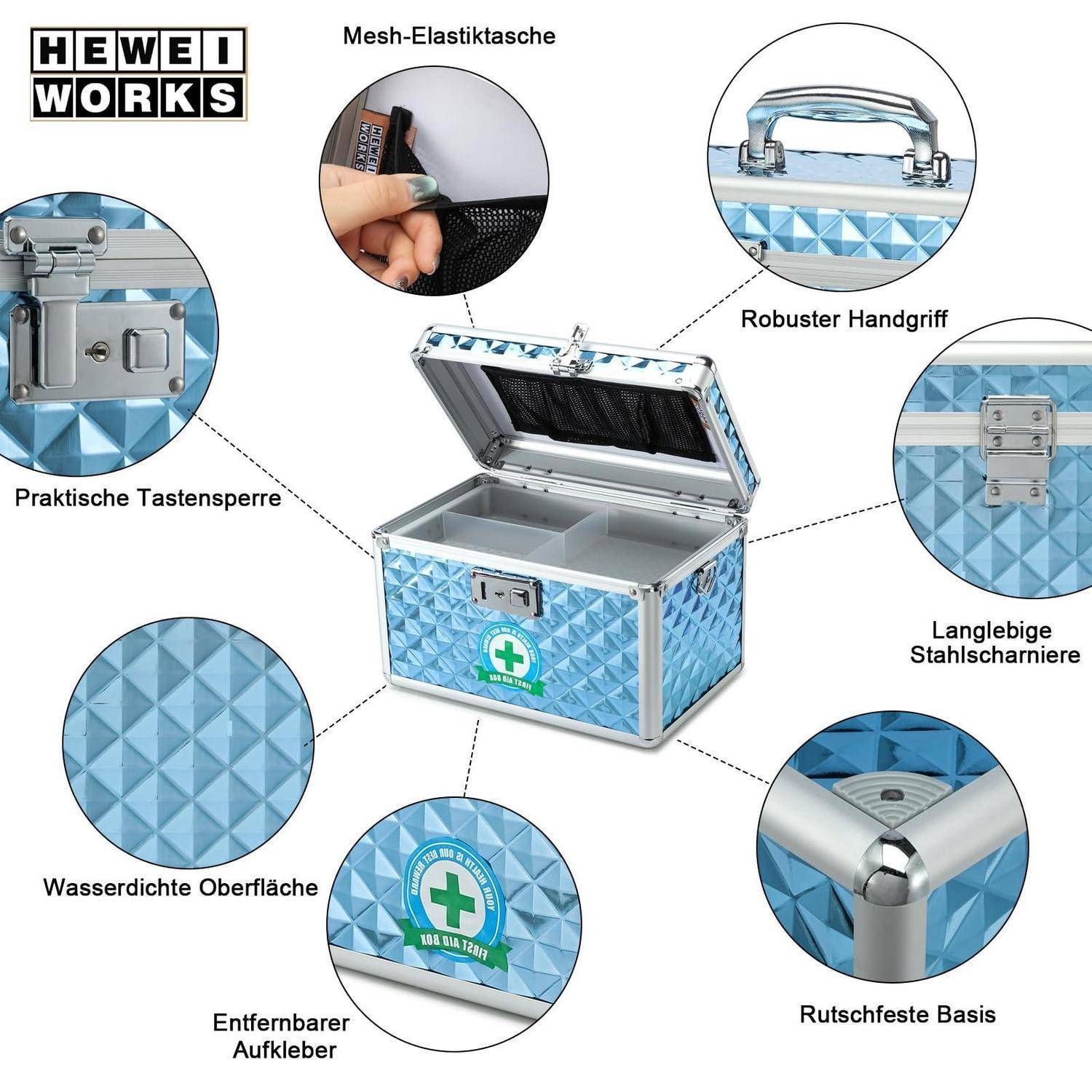 Illustrierte HEWEI WORKS Lagerkiste mit offener Deckelklappe, die folgende Merkmale zeigt: elastische Netzfachtasche, robuster Griff, Schlüsselverschluss, langlebige Stahlscharniere, wasserdichte Oberfläche, abnehmbarer Aufkleber und rutschfeste Grundfläche.
