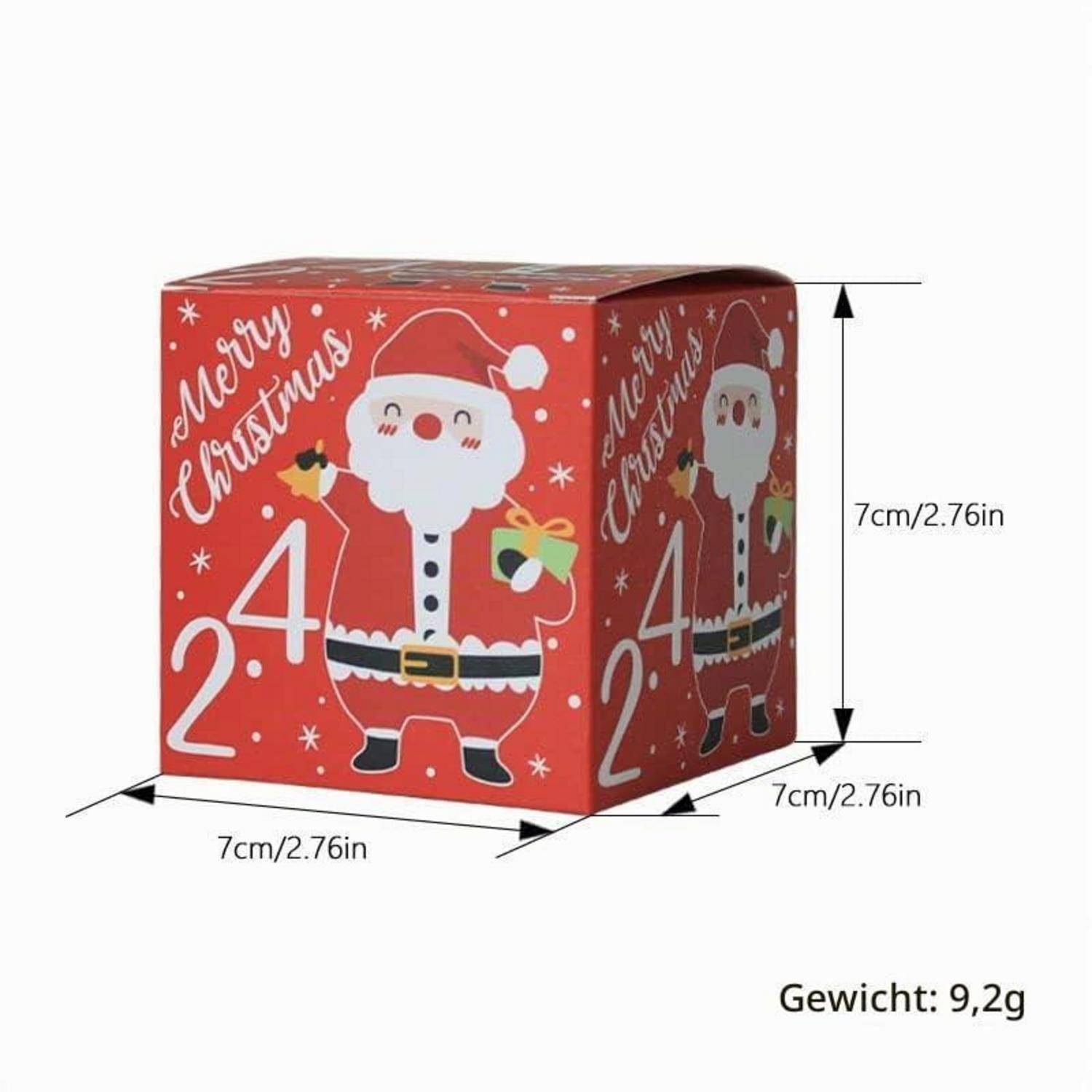 Rote Weihnachtsgeschenkbox mit dem Weihnachtsmann und „Frohe Weihnachten"-Text, gezeigt mit Abmessungen von 7 cm x 7 cm x 7 cm und Gewicht von 9,2 g.