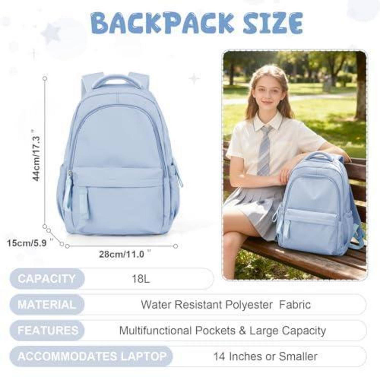 Infografik, die einen hellblauen Rucksack mit den Abmessungen 44x28x15 cm, 18-Liter-Fassungsvermögen, wasserfestes Polyester, mit Multifunktionsfächern und Platz für einen 14-Zoll-Laptop zeigt; auch an einem sitzenden Mädchen zu Größenvergleichszwecken abgebildet.