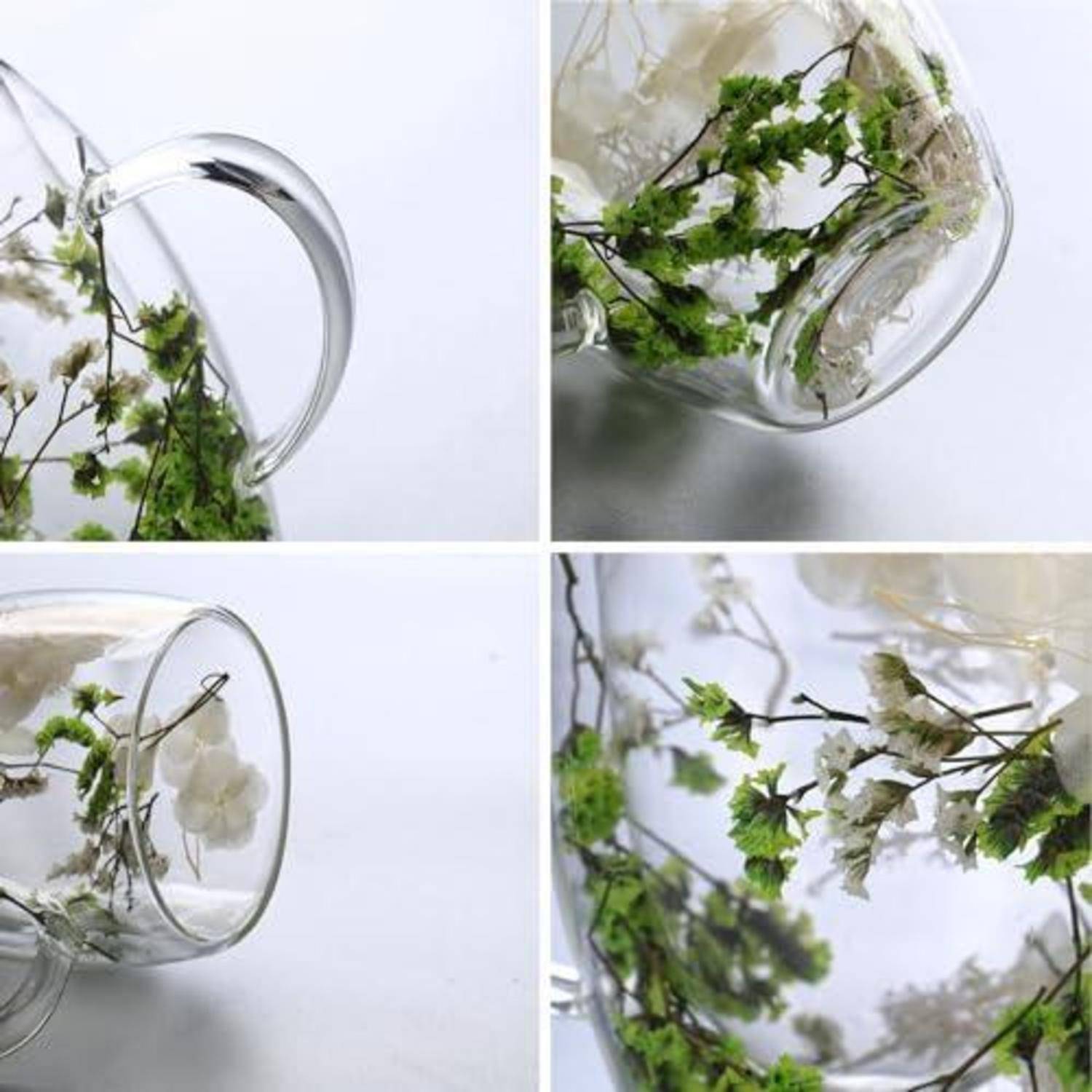 Vierteiliges Fotomontage einer umgestürzten Glasvase mit weißen und grünen Blumen, die auf eine weiße Oberfläche verschüttet werden.