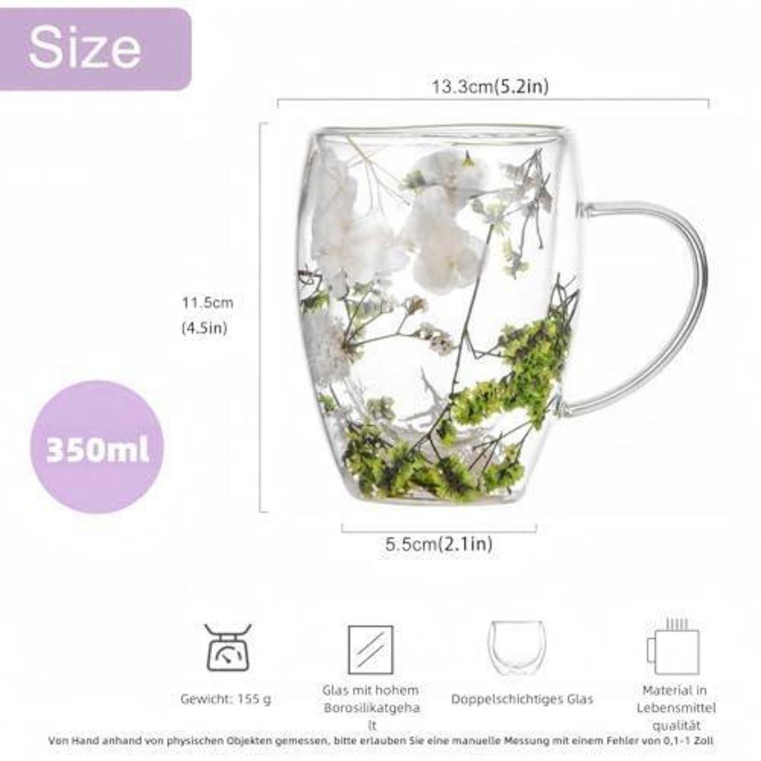 Größenleitfaden für einen 350-ml-Glasbecher mit Henkel, der die Abmessungen 13,3 cm breit, 11,5 cm hoch, 5,5 cm Basis und 155 g Gewicht zeigt.