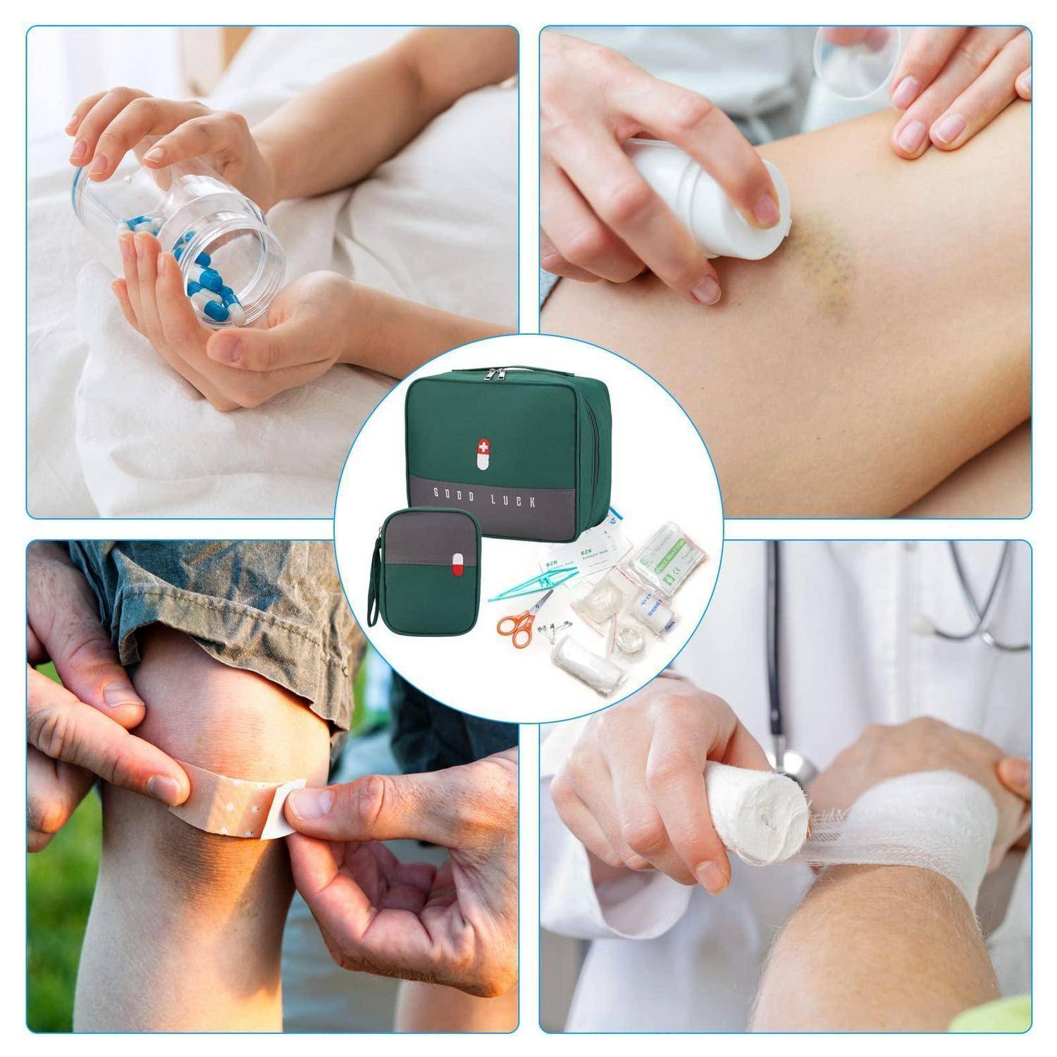 Notfall-Erste-Hilfe-Set mit Medikamenten und Materialien, gezeigt in der Anwendung zur Behandlung von Blutergüssen, einer Schnittwunde am Knie und einer verbundenen Verletzung.