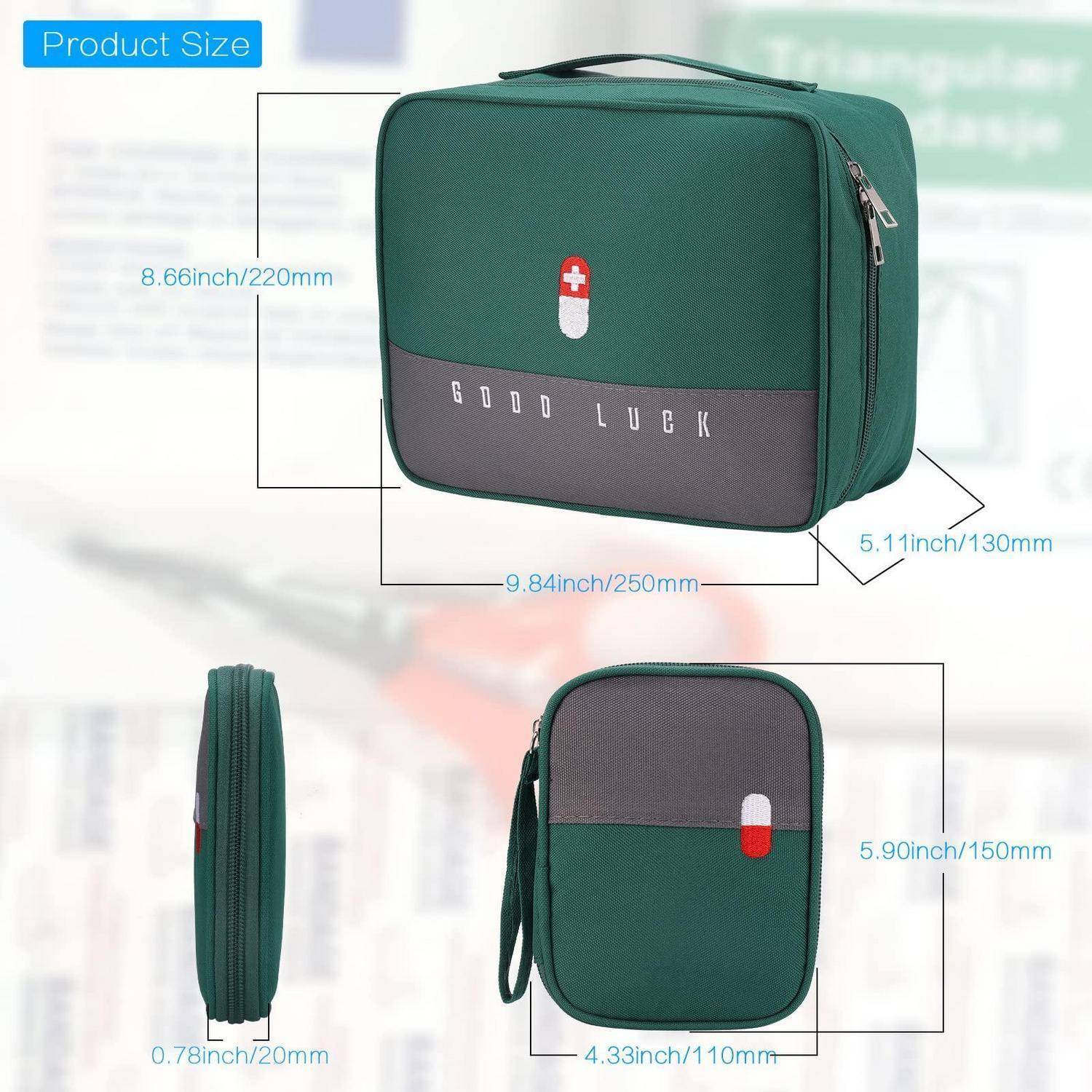 Produktgrößendiagramm für eine grün-graue Tasche mit Reißverschluss, das Vorder- und Seitenansichten mit Abmessungen zeigt: 9,84 x 8,66 x 5,11 Zoll und 4,33 x 5,90 x 0,78 Zoll.