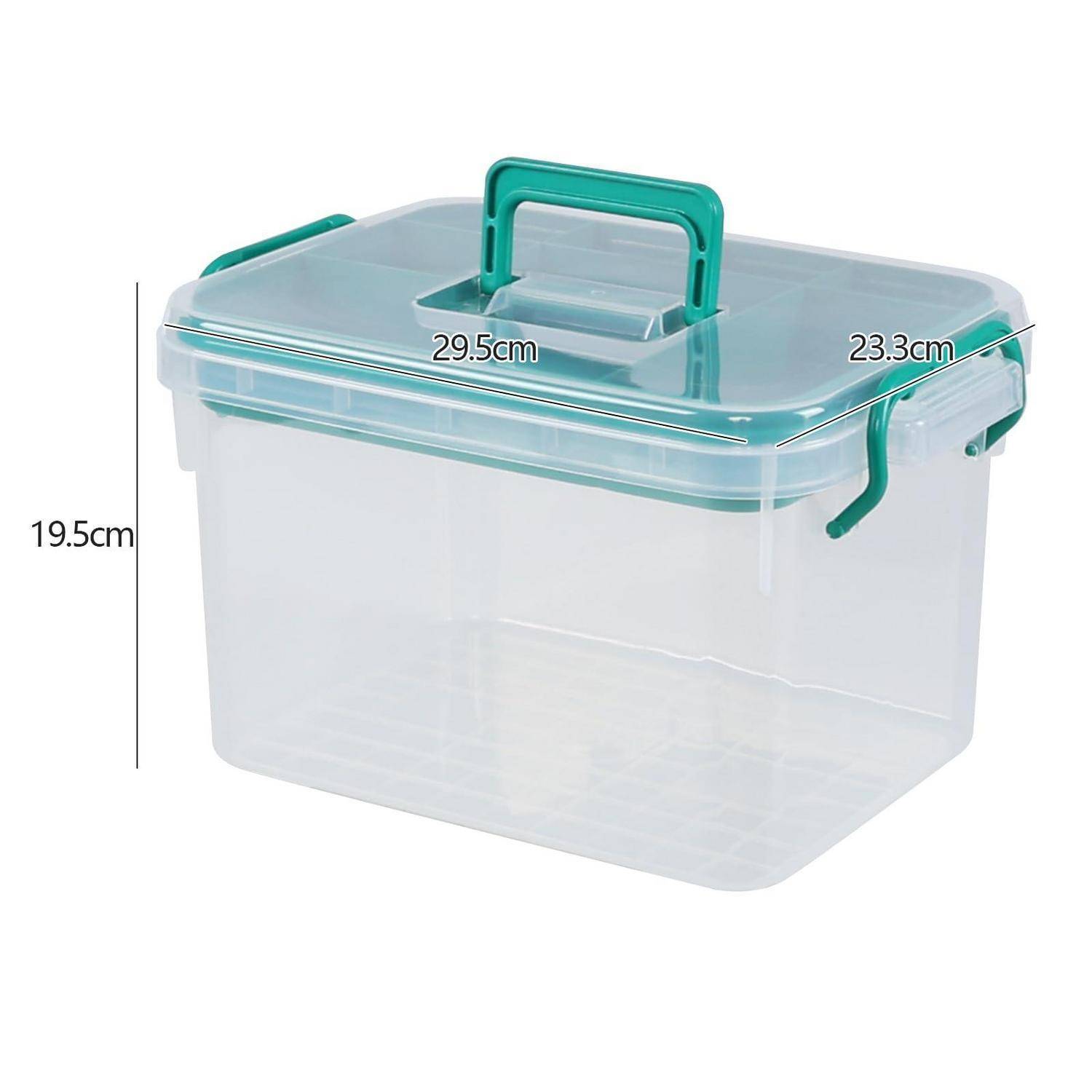 Transparente Kunststoff-Aufbewahrungsbox mit petrolblauem Deckel und Griffen, dargestellt mit den Abmessungen 29,5 cm Breite, 23,3 cm Tiefe und 19,5 cm Höhe.