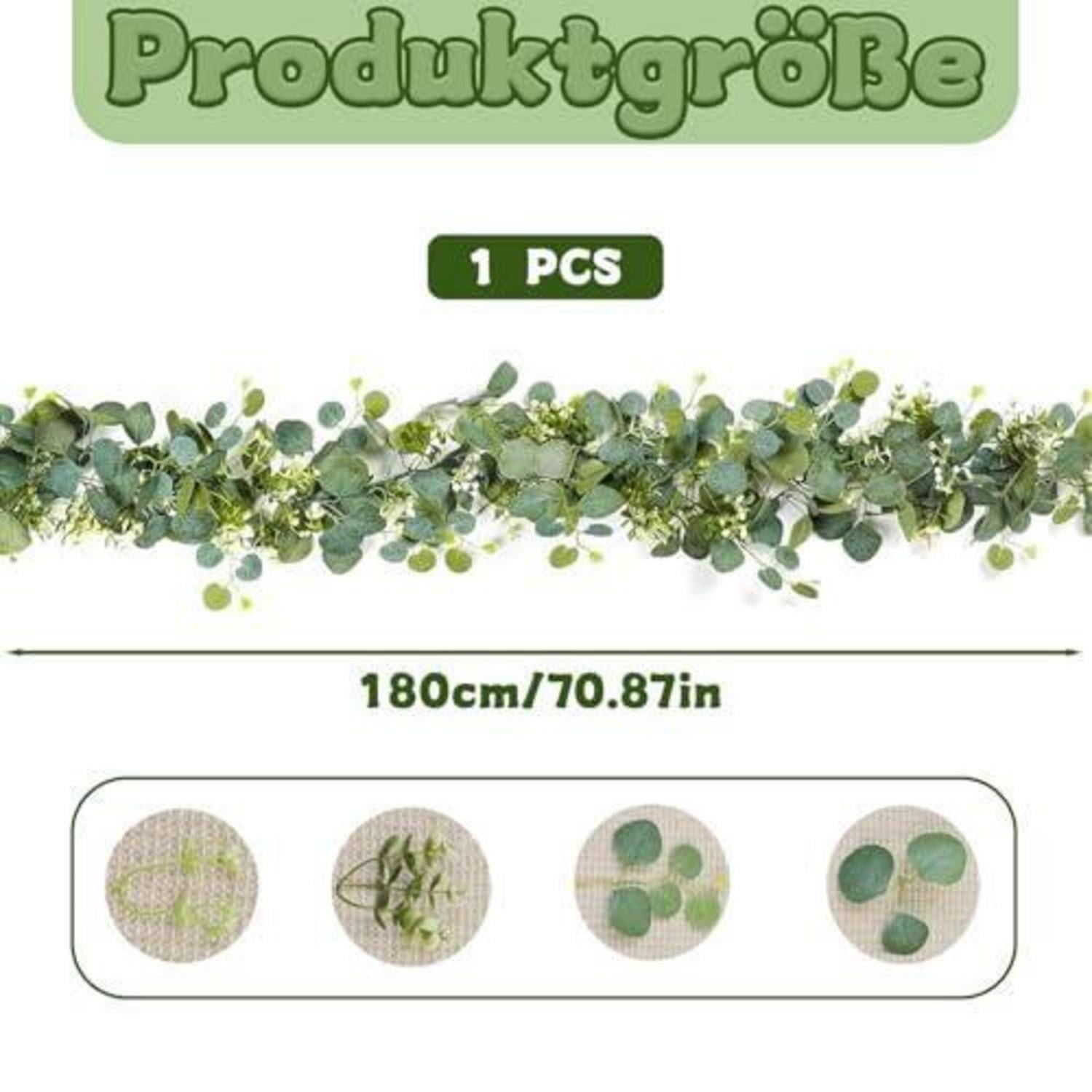 Produktgrößenbild zeigt eine Eukalyptusgirlande, 180 cm / 70,87 Zoll lang, mit Nahaufnahmen der Blätter und Stängel.
