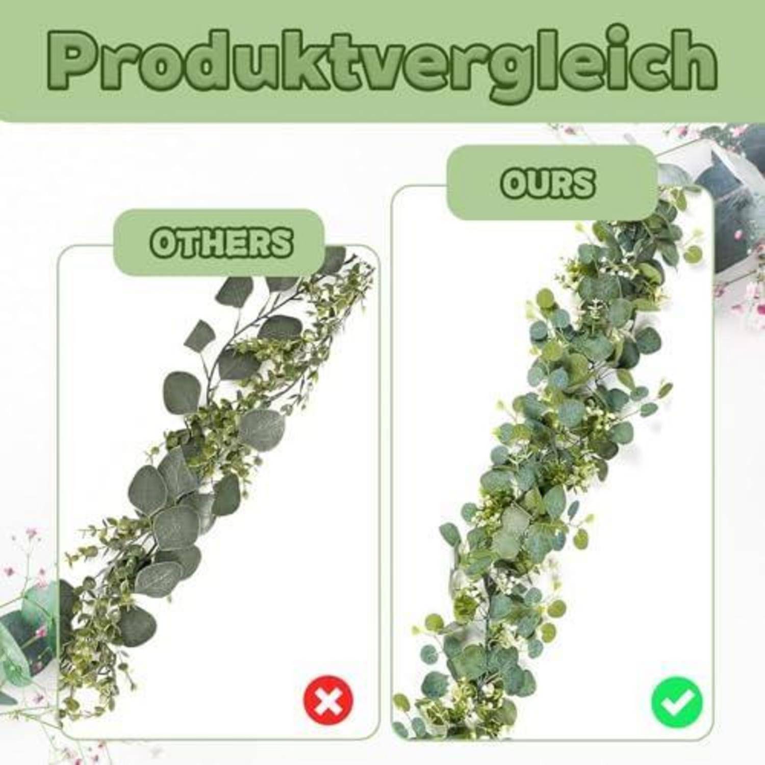Vergleichsbild mit der Bezeichnung „Produktvergleich", das „ANDERE"" mit spärlichem Blattwerk und einem roten X zeigt, gegenüber „UNSERE"" mit vollerer Belaubung und einem grünen Häkchen.