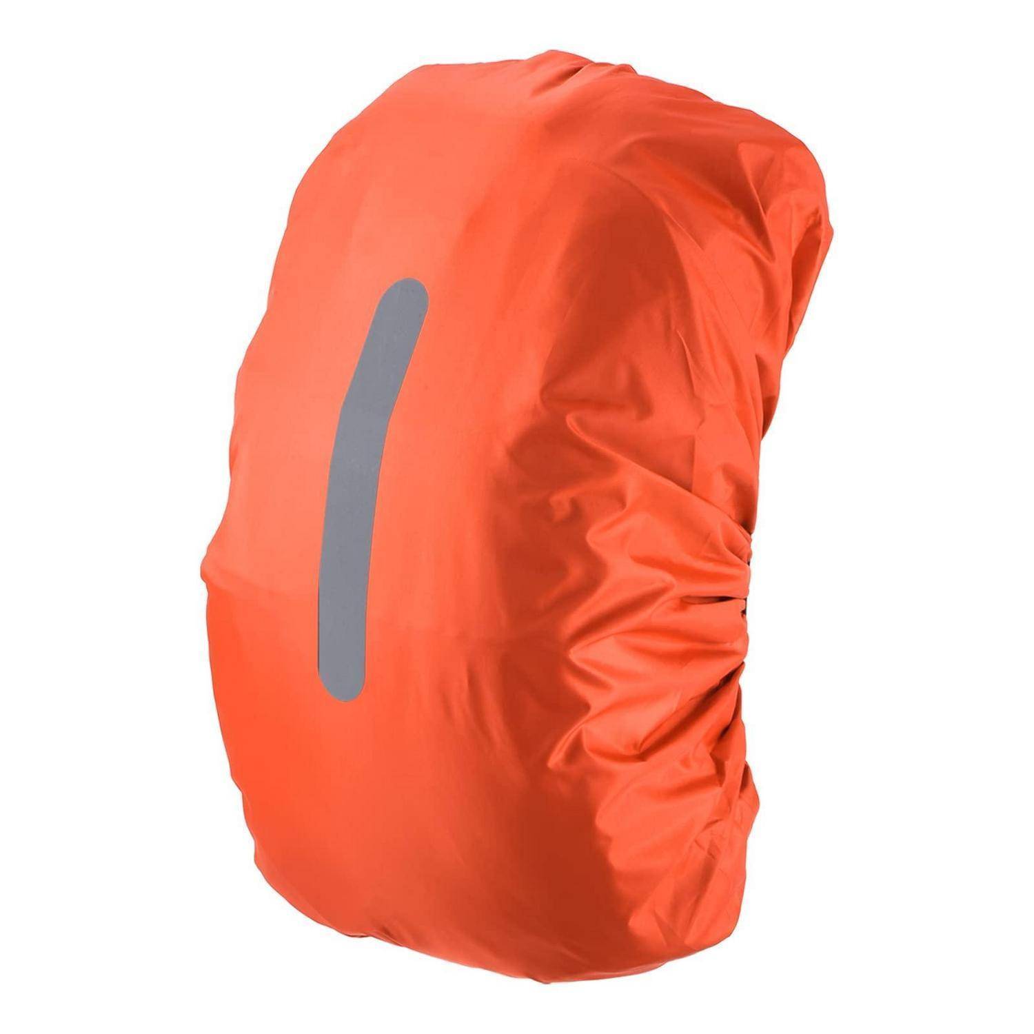 Orangener Rucksack-Regenschutz mit vertikalem Reflektorstreifen, auf weißem Hintergrund dargestellt.
