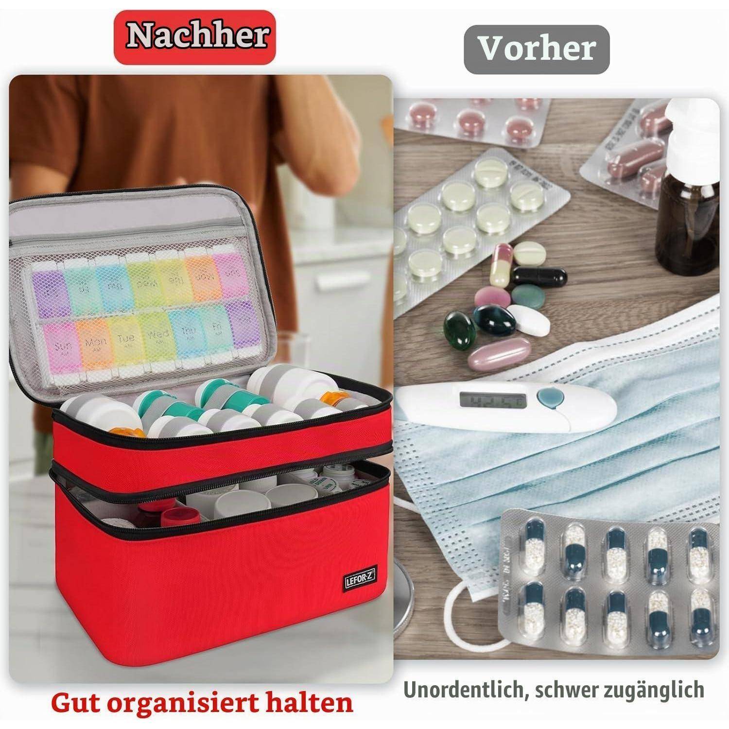 Nebeneinanderstellung von Pillenlagerung: „Nachher" zeigt eine rote Organizer-Tasche, die Medikamente ordentlich aufbewahrt, während „Vorher"" verstreute Pillen und eine Maske zeigt, beschriftet mit „Unordentlich, schwer zugänglich"".