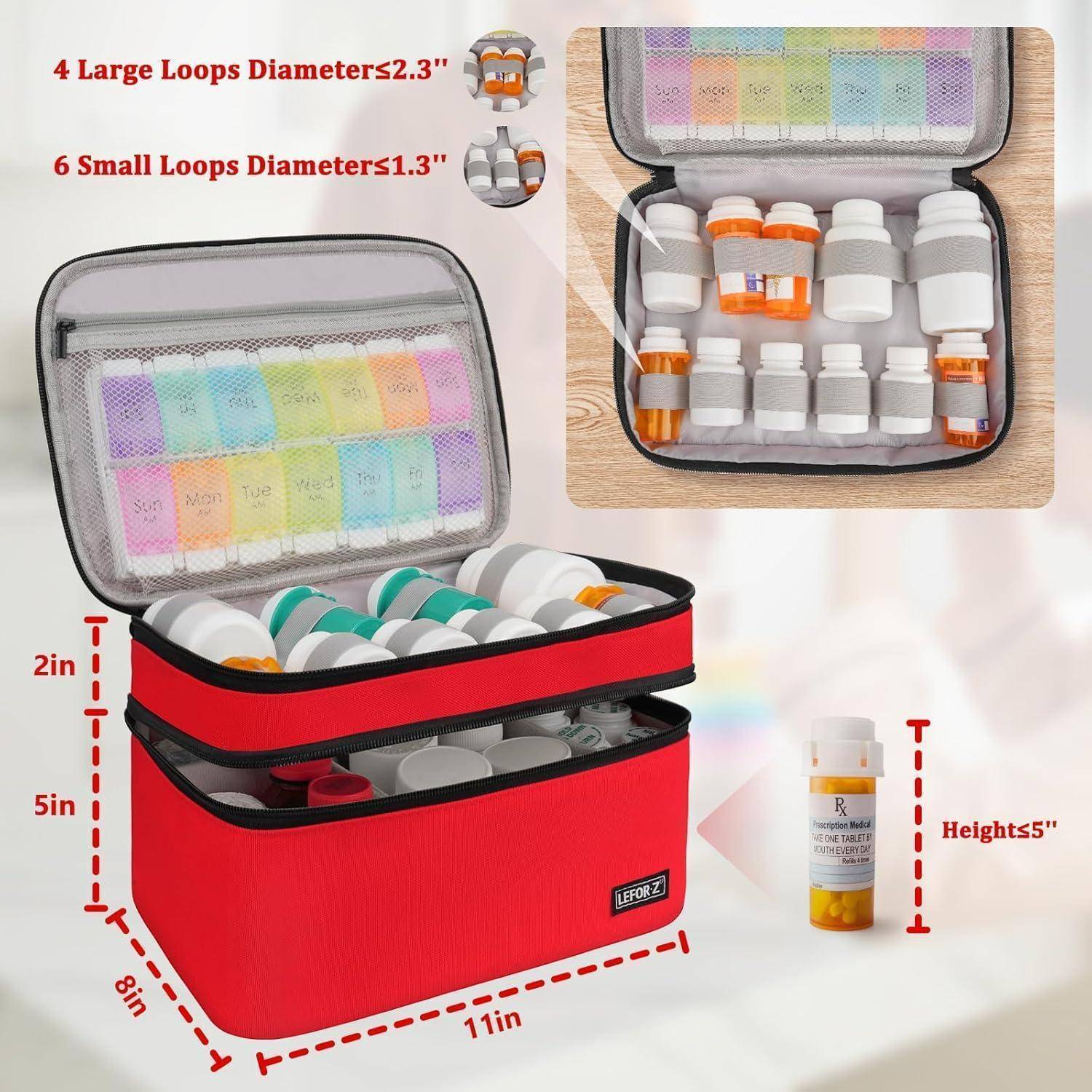 Abbildung einer roten Pillendosierertasche mit Reißverschluss mit den Abmessungen 11 x 8 x 5 Zoll, die Verschreibungsflaschen und vier große oder sechs kleine Schlaufen enthält.