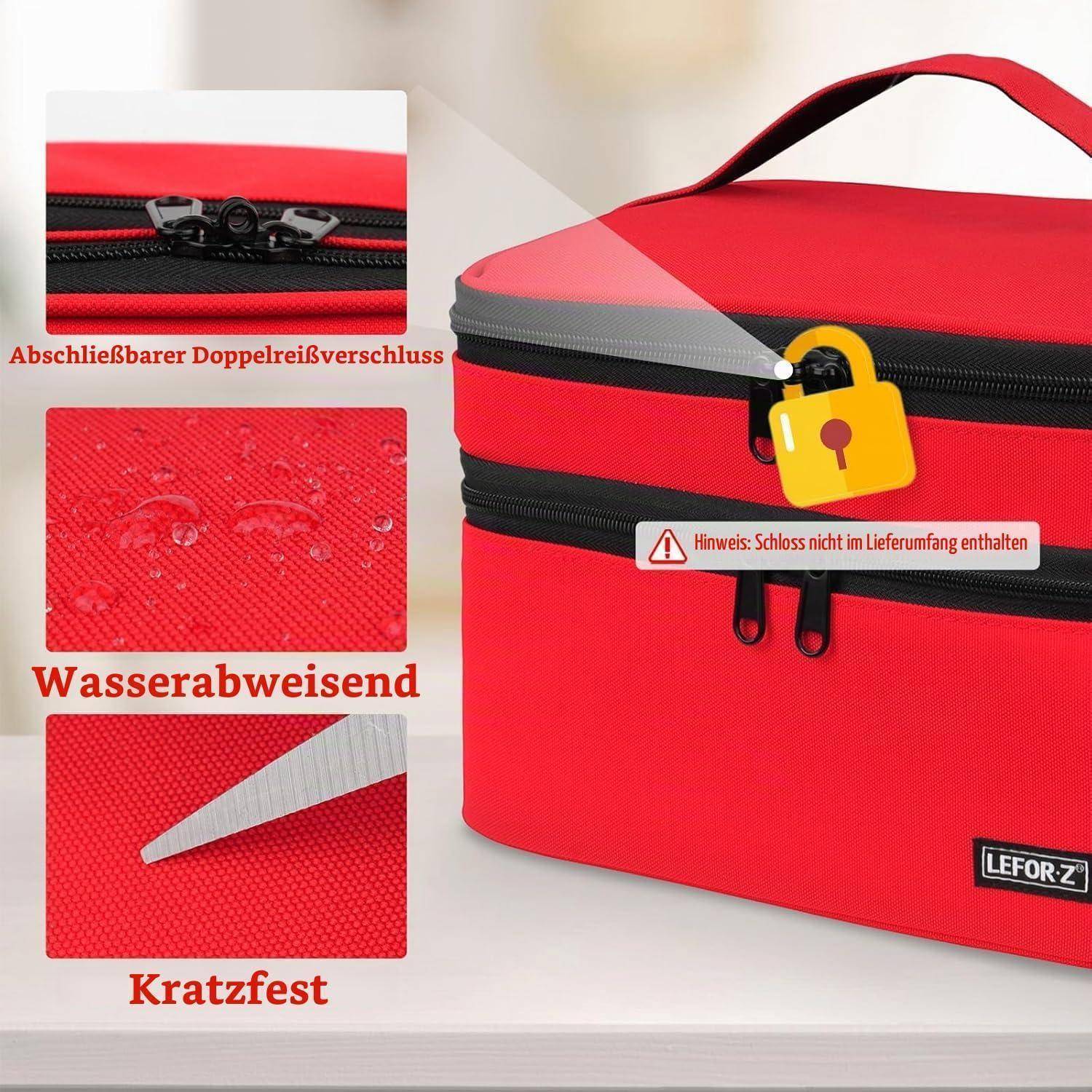 Rote LEFORZ-Tasche mit verschließbarem Doppelreißverschluss; eingefügte Legenden zeigen, dass sie wasser- und kratzfest ist, mit einem Hinweis, dass das Schloss nicht im Lieferumfang enthalten ist.