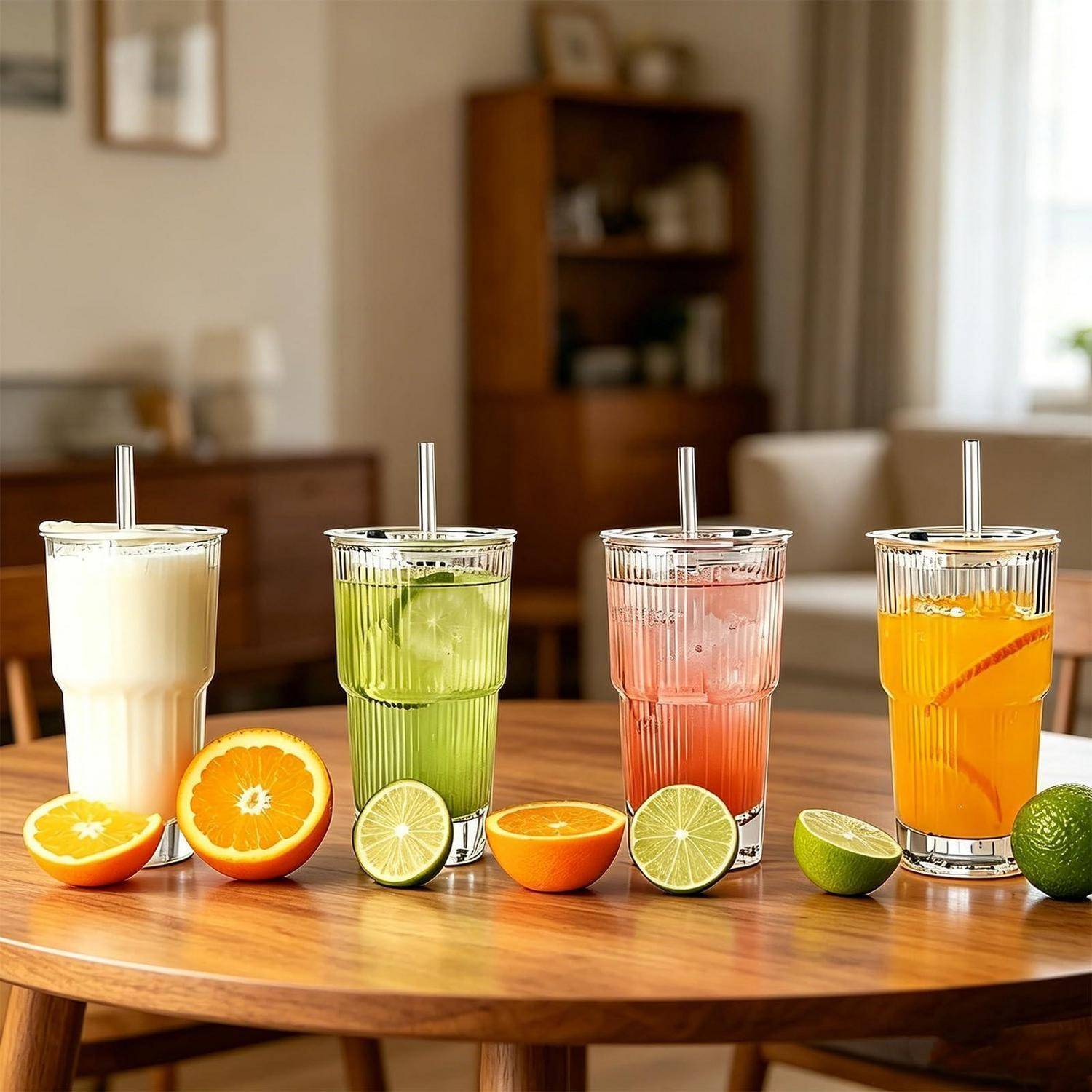 Vier Getränke mit Strohhalmen auf einem Holztisch: ein weißes Milchgetränk, grüne, rosa und orange Zitrusgetränke mit geschnittenem Obst.