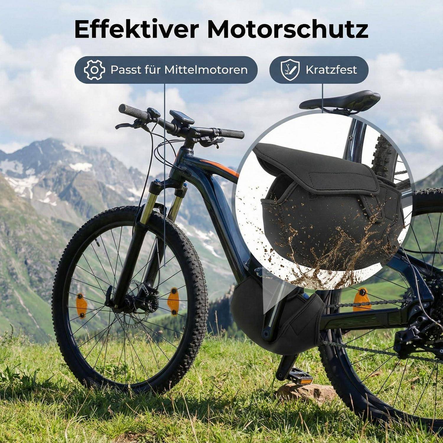 Elektrisches Mountainbike mit einer Nahaufnahme eines Schutzdeckels für den Motor; Text besagt „Effektiver Motorschutz", „Passt für Mittelmotoren"" und „Kratzfest"".