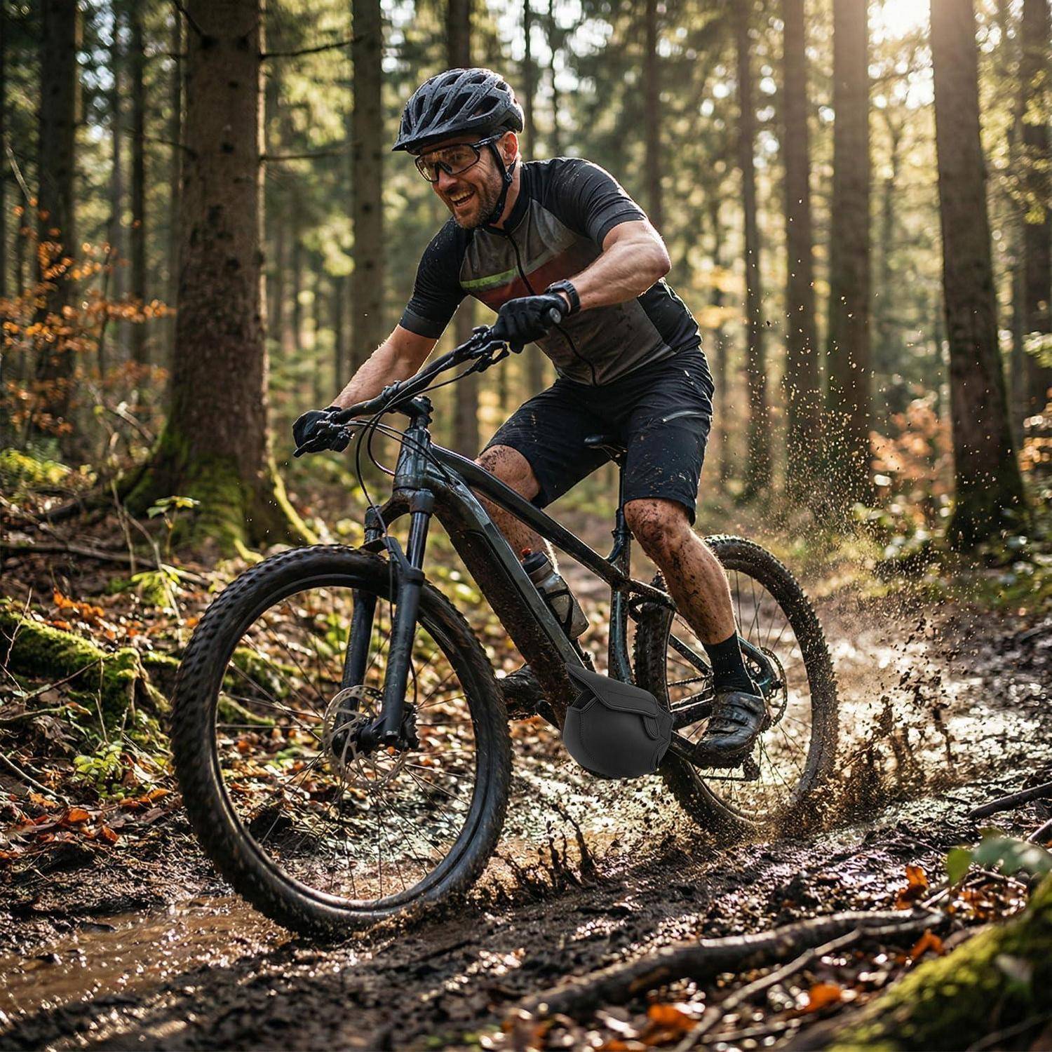 Ein Mountainbiker in Helm und Handschuhen fährt einen schlammigen Waldweg entlang und wirbelt dabei Wasser und Erde auf.