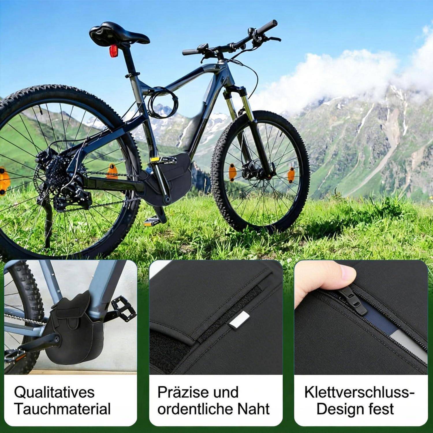 Elektrisches Mountainbike auf einer grasbewachsenen Bergaussicht, mit Nahaufnahmen, die wasserdichtes Material, saubere Nähte und einen sicheren Reißverschlussverschluss hervorheben.