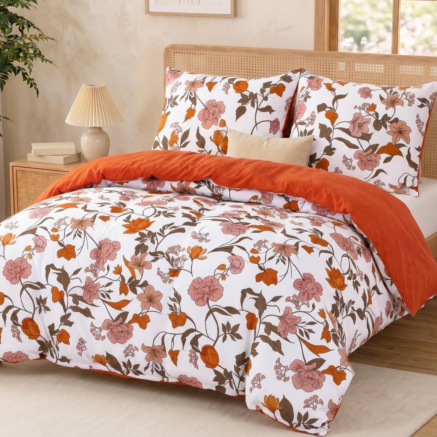 Bett mit blumig gemusterter Bettwäsche und orangefarbener Wurfdecke in einem hellen, aufgeräumten Schlafzimmer