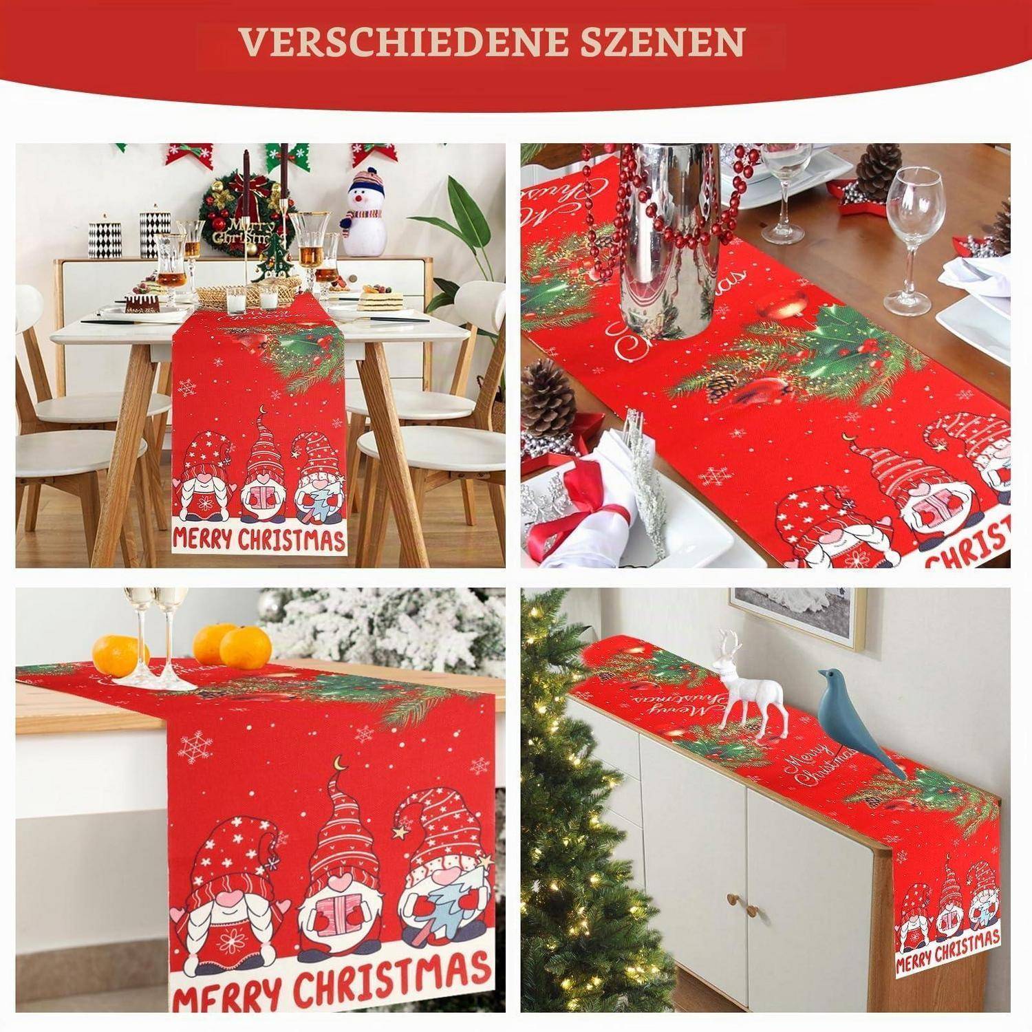 Collage, das einen roten Weihnachtstischtäufer mit dem Weihnachtsmann und „Frohe Weihnachten" zeigt, der auf einem Esstisch, einer Anrichte und einer festlichen Tischdecke verwendet wird.