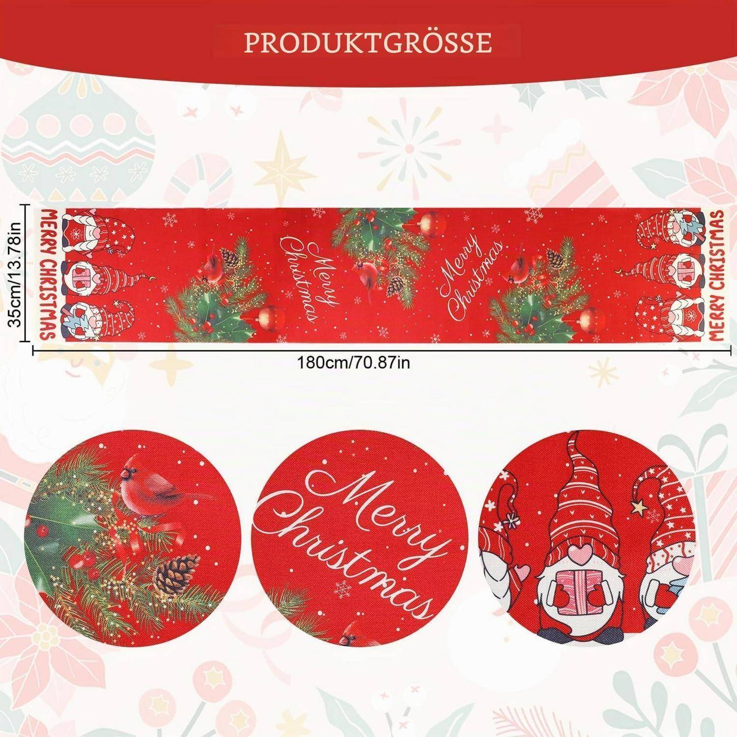 Weihnachtsthematische Produktgrößentabelle mit einer roten Geschenkpapierrolle, 180 cm x 35 cm, mit drei Mustervorschaubildern: Tannenzapfen/Kardinal, „Merry Christmas"-Schrift und Weihnachtsmannil-Illustrationen.